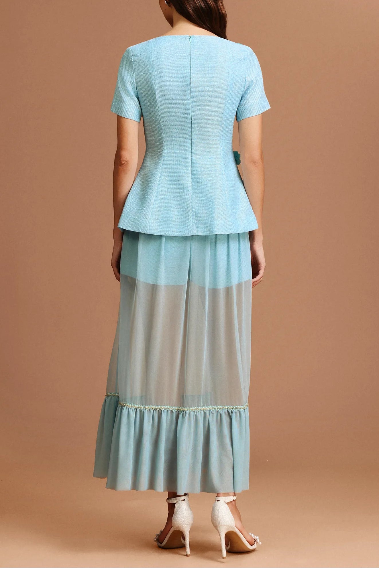 URSULA BLUE FLORAL TWO-PIECE SET SHORT SLEEVES FOLD SKIRT