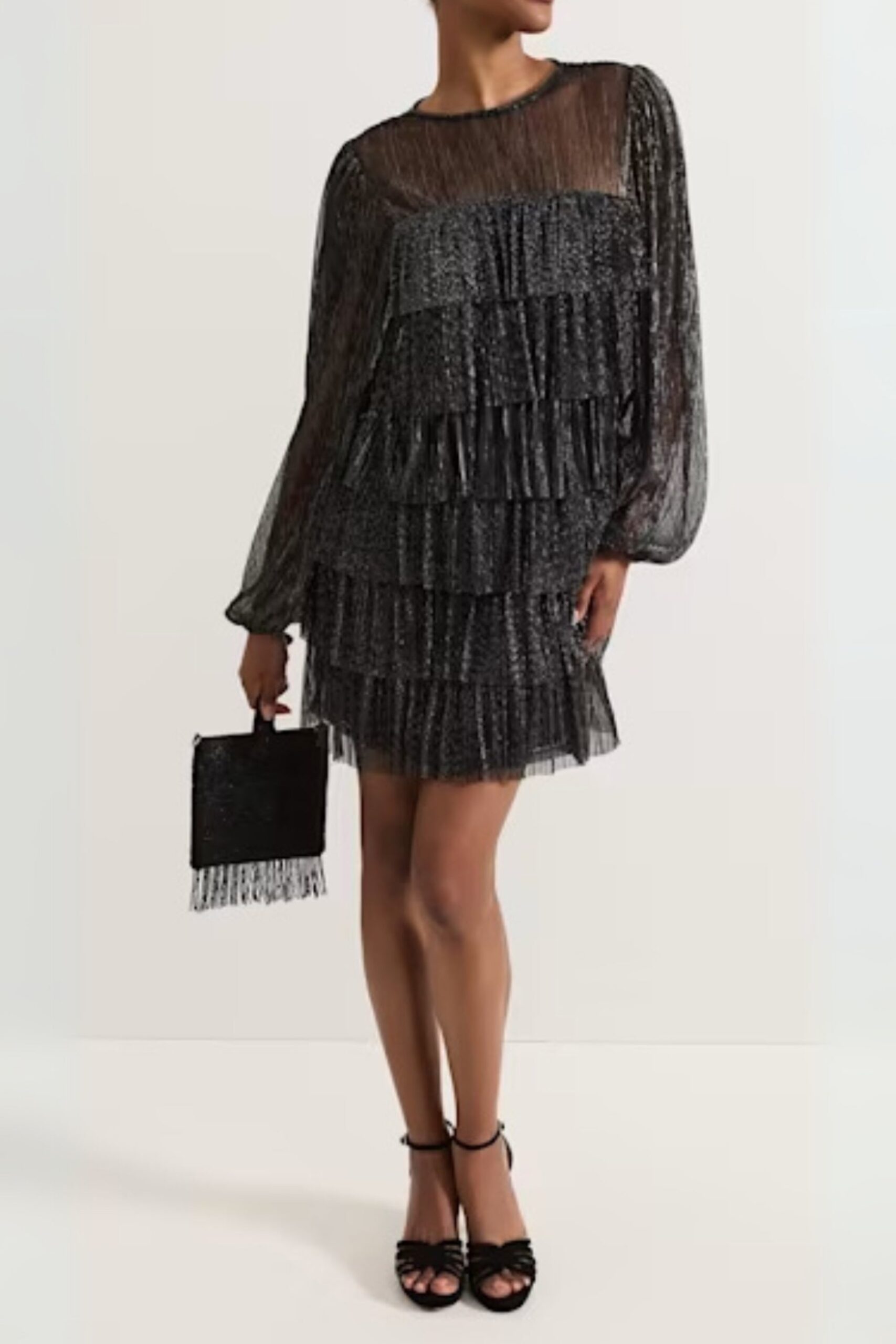 BLACK LAYER CHIFFON PUFF MINI DRESS FOR PARTY