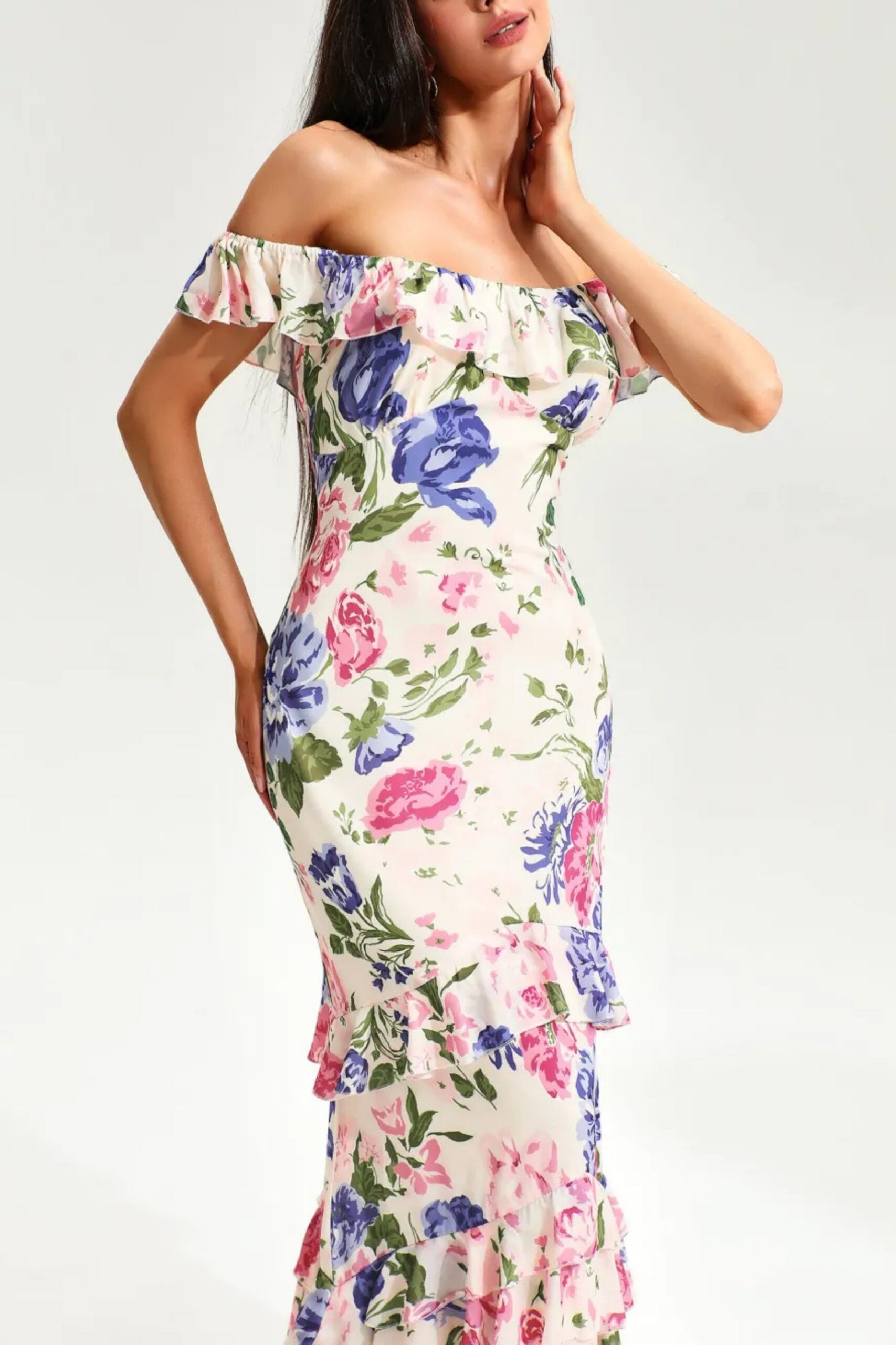 FLORAL TIERED RUFFLE FISHTAIL MAXI DRESS