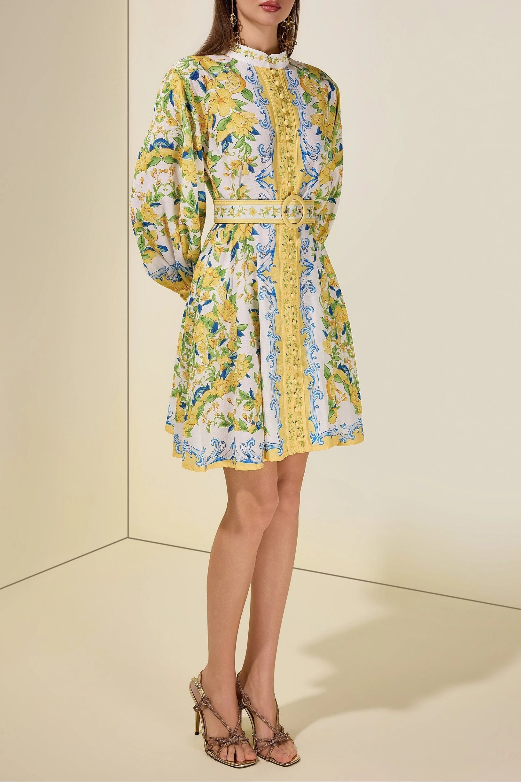 LEMON FLORAL SINGLE-BREASTED MIDI DRESS WITH BELT - YELLOW