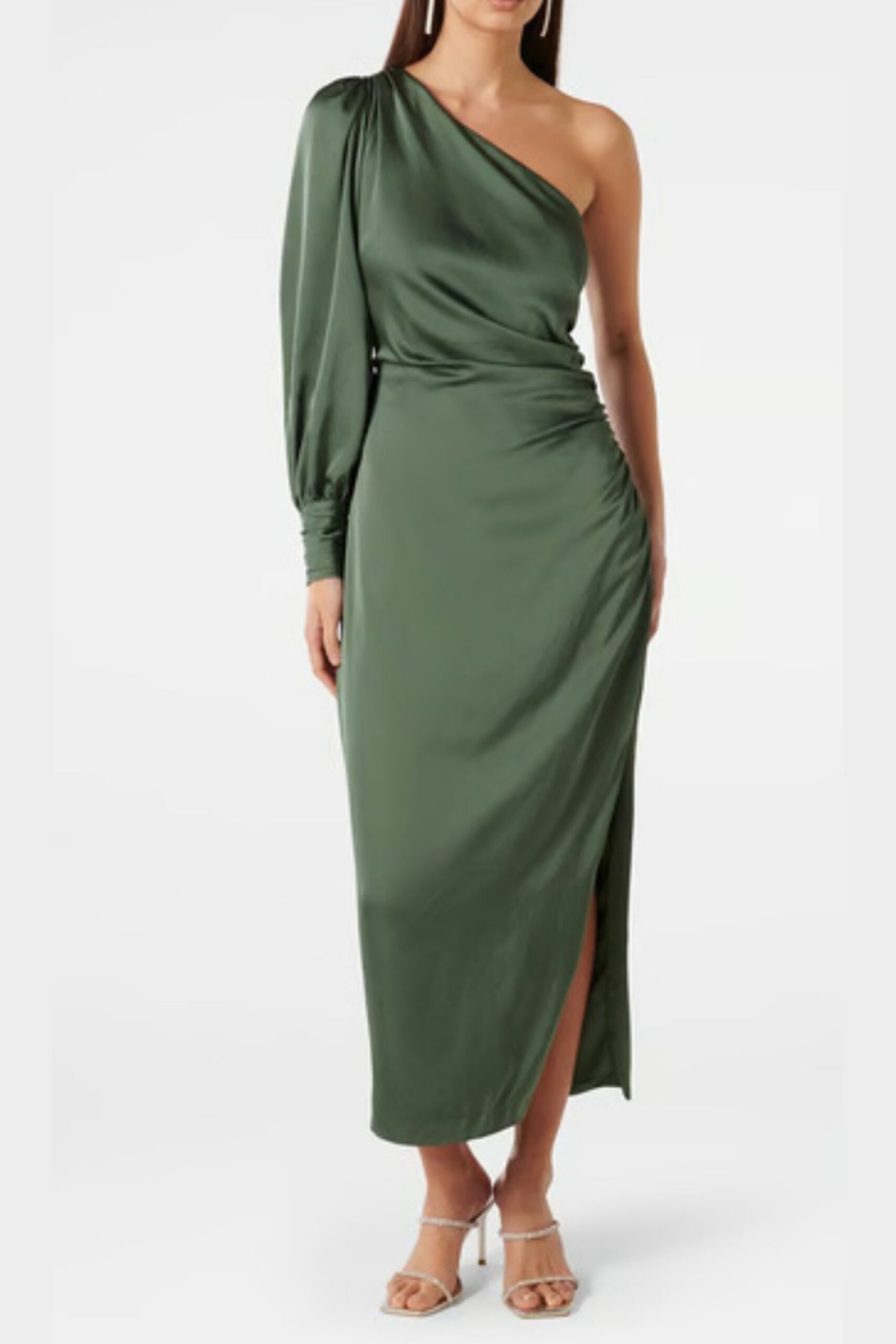 ONE-SHOULDER LONG SLEEVE MIDI DRESS GREEN