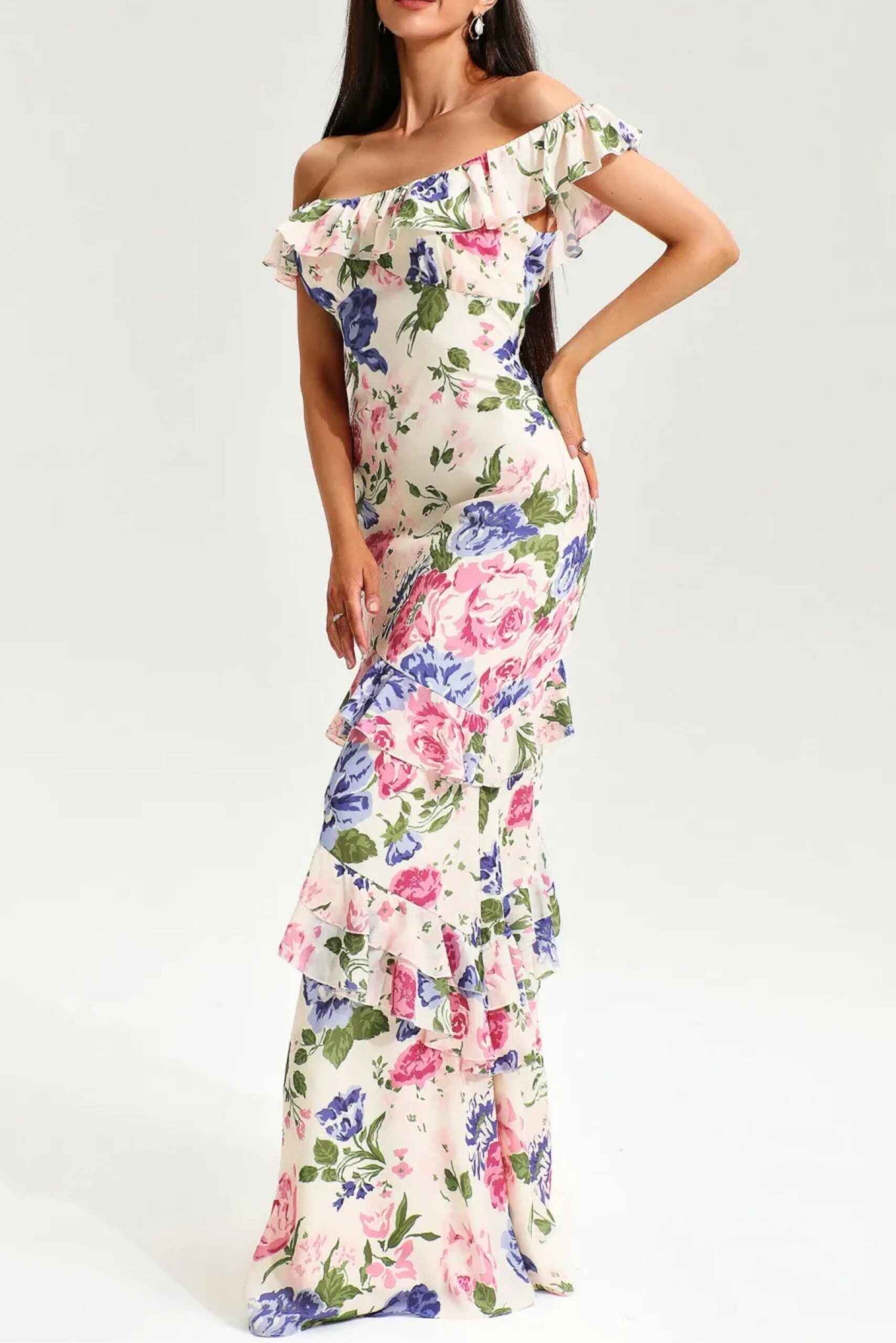 FLORAL TIERED RUFFLE FISHTAIL MAXI DRESS