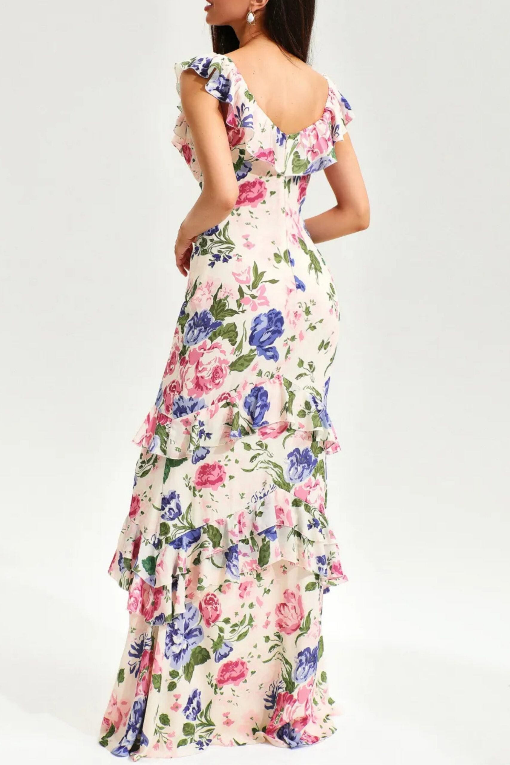 FLORAL TIERED RUFFLE FISHTAIL MAXI DRESS