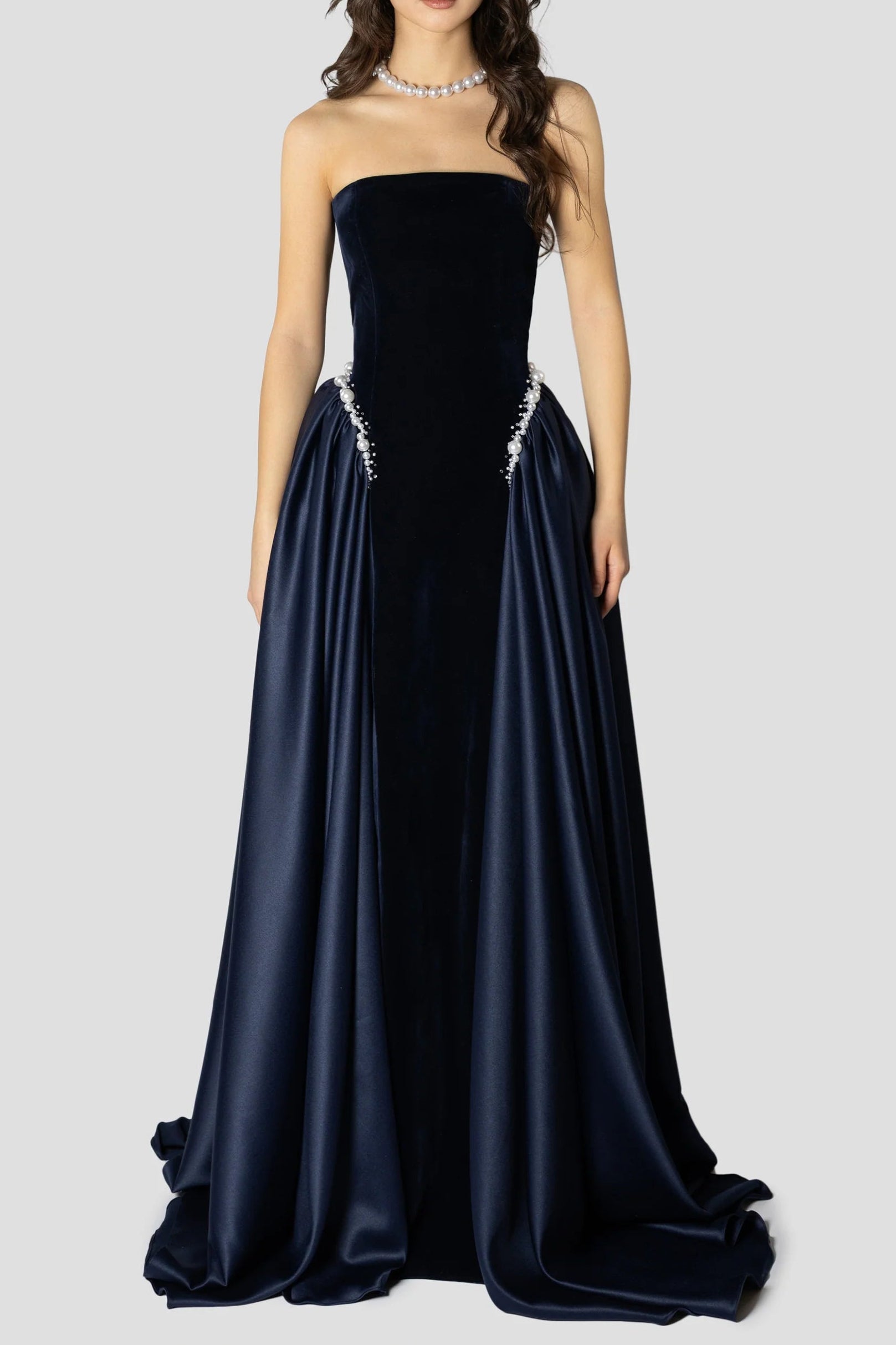 SAMANTHA DARK BLUE PEARL EMBROIDERED STRAPLESS MAXI DRESS