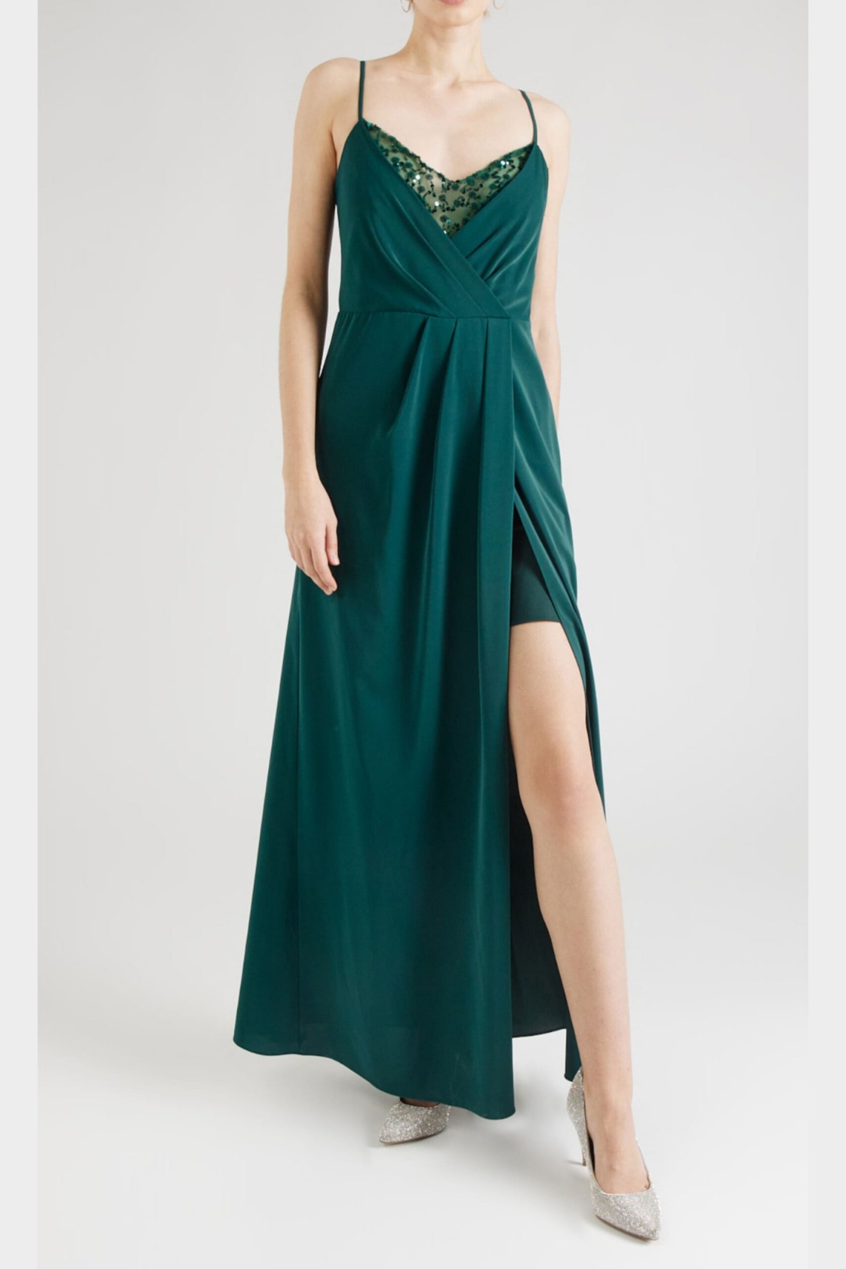 CRYSTAL PLEATED MAXI DRESS GREEN FORMAL GOWN