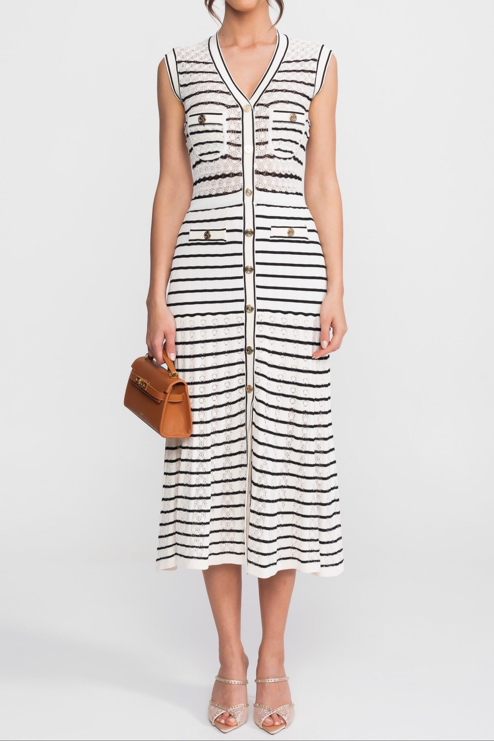 STRIPED V-NECK SLEEVELESS KNIT MIDI DRESS