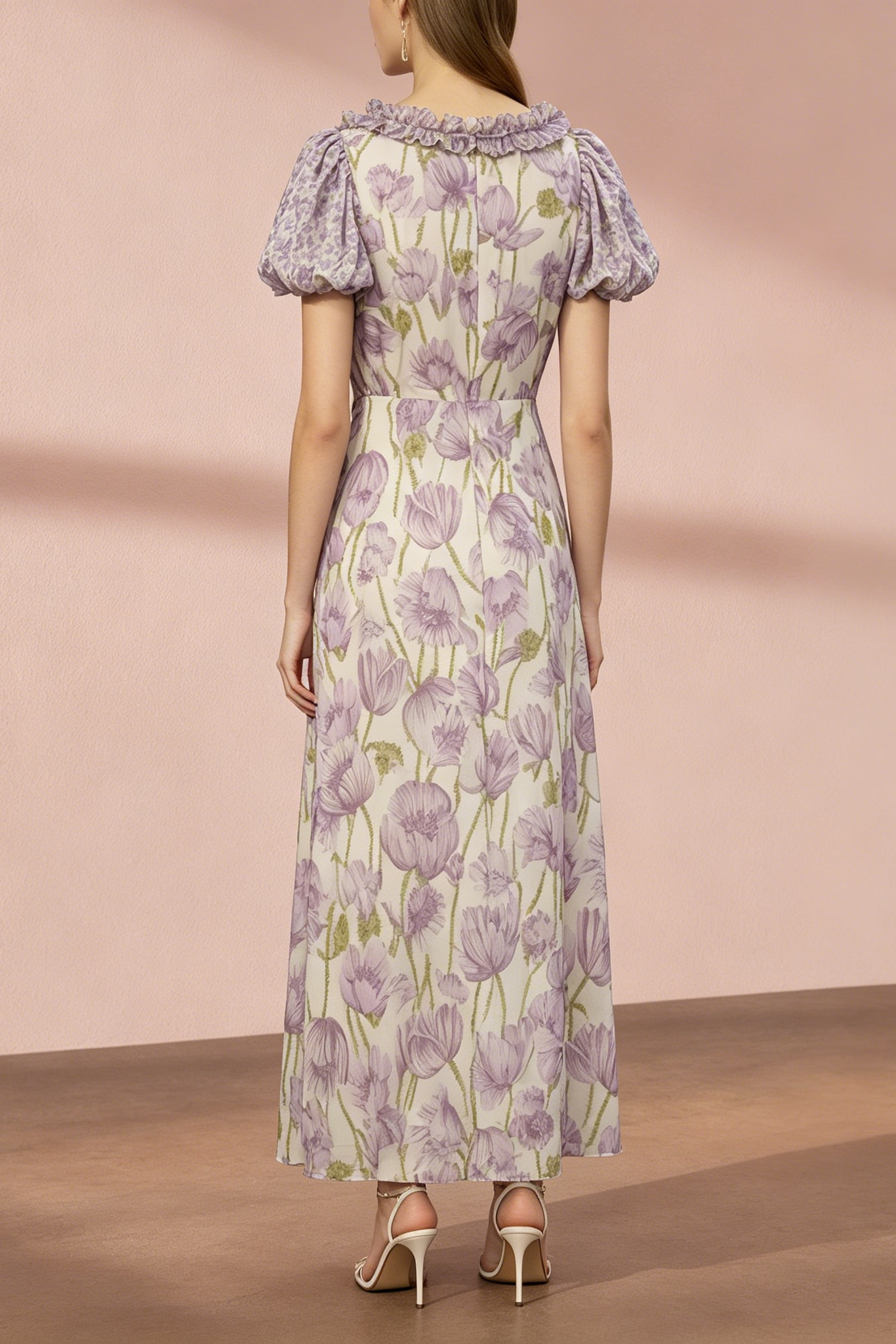 PURPLE FLORAL PUFF SLEEVE MIDI DRESS FOR WEDDING