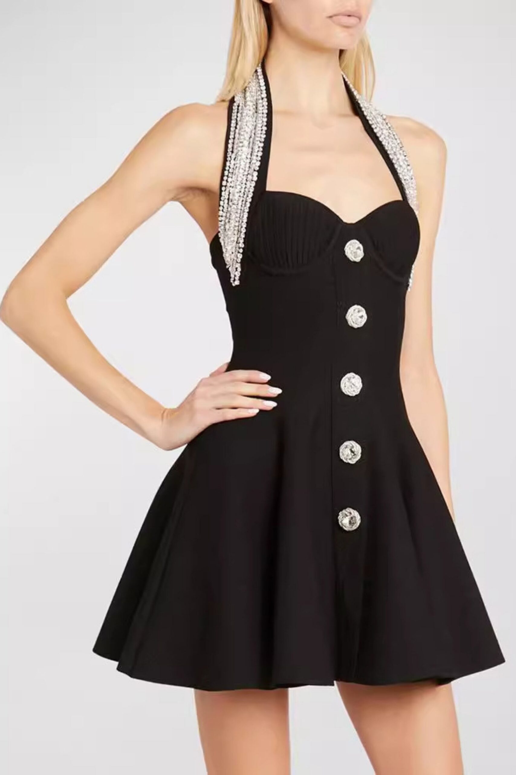 HALTER BUCKLE MINI DRESS BLACK COCKTAIL PARTY