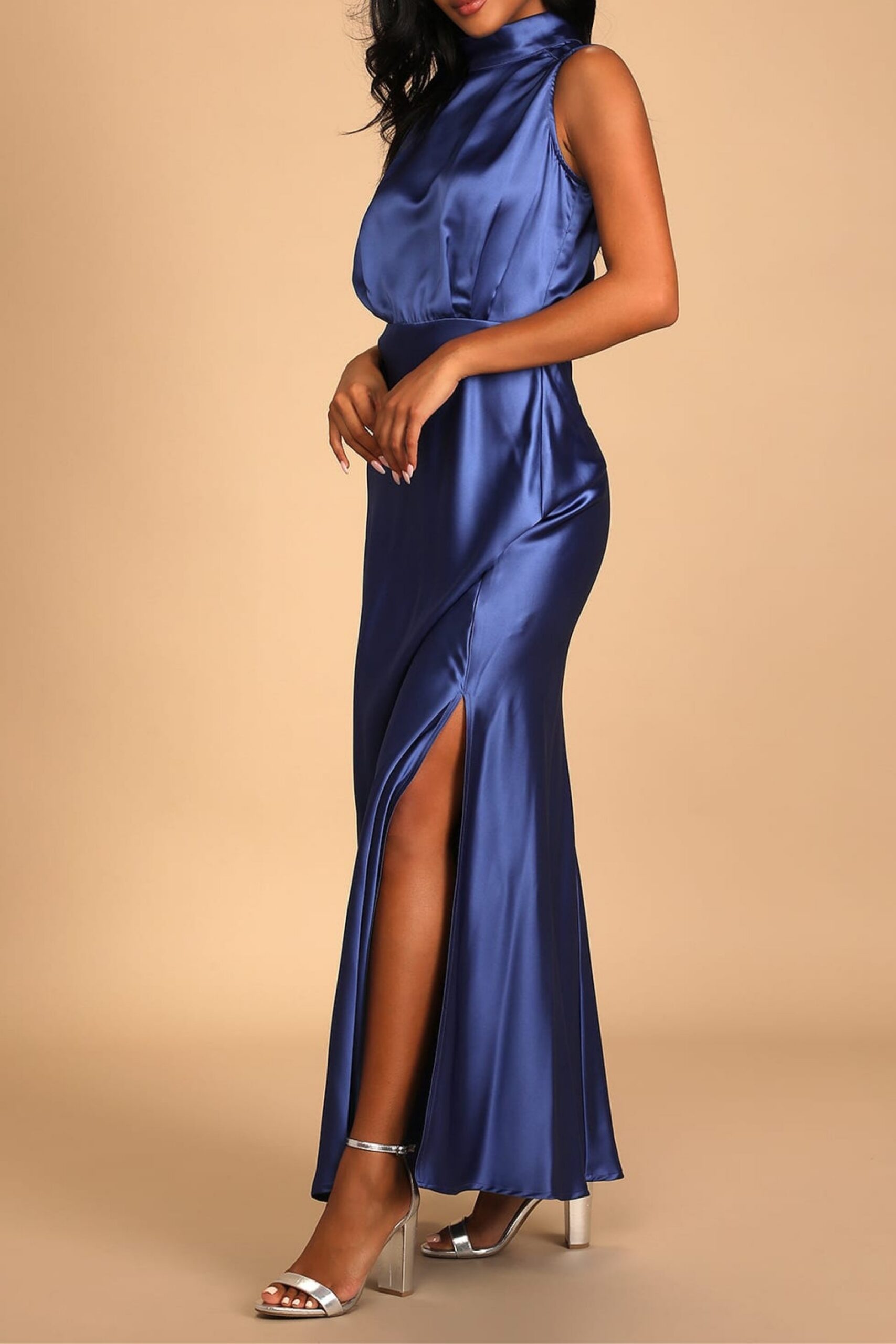 SATIN SLEEVELESS MOCK NECK MAXI DRESS
