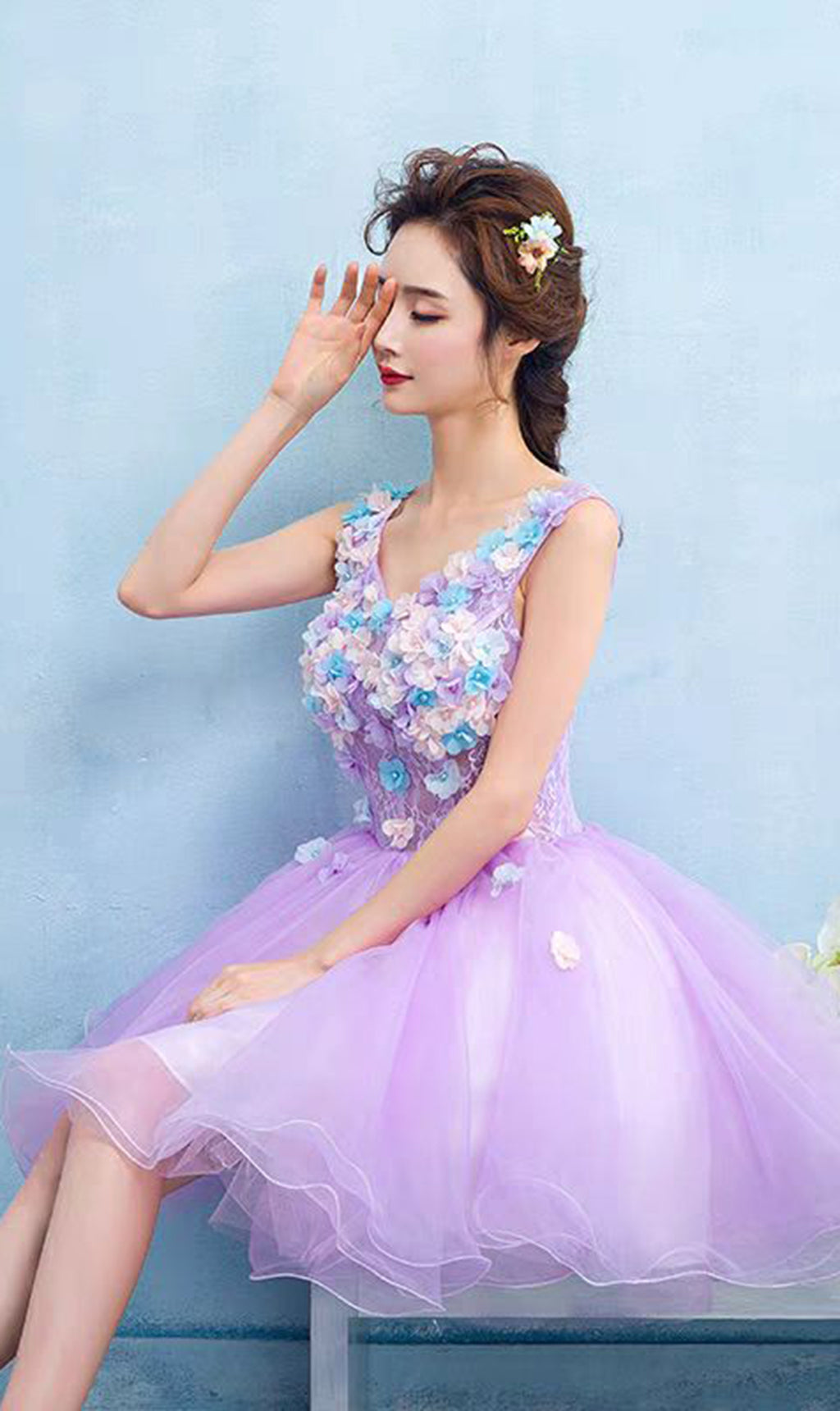 SEXY PURPLE V-NECK LACE MINI DRESS FOR PARTY
