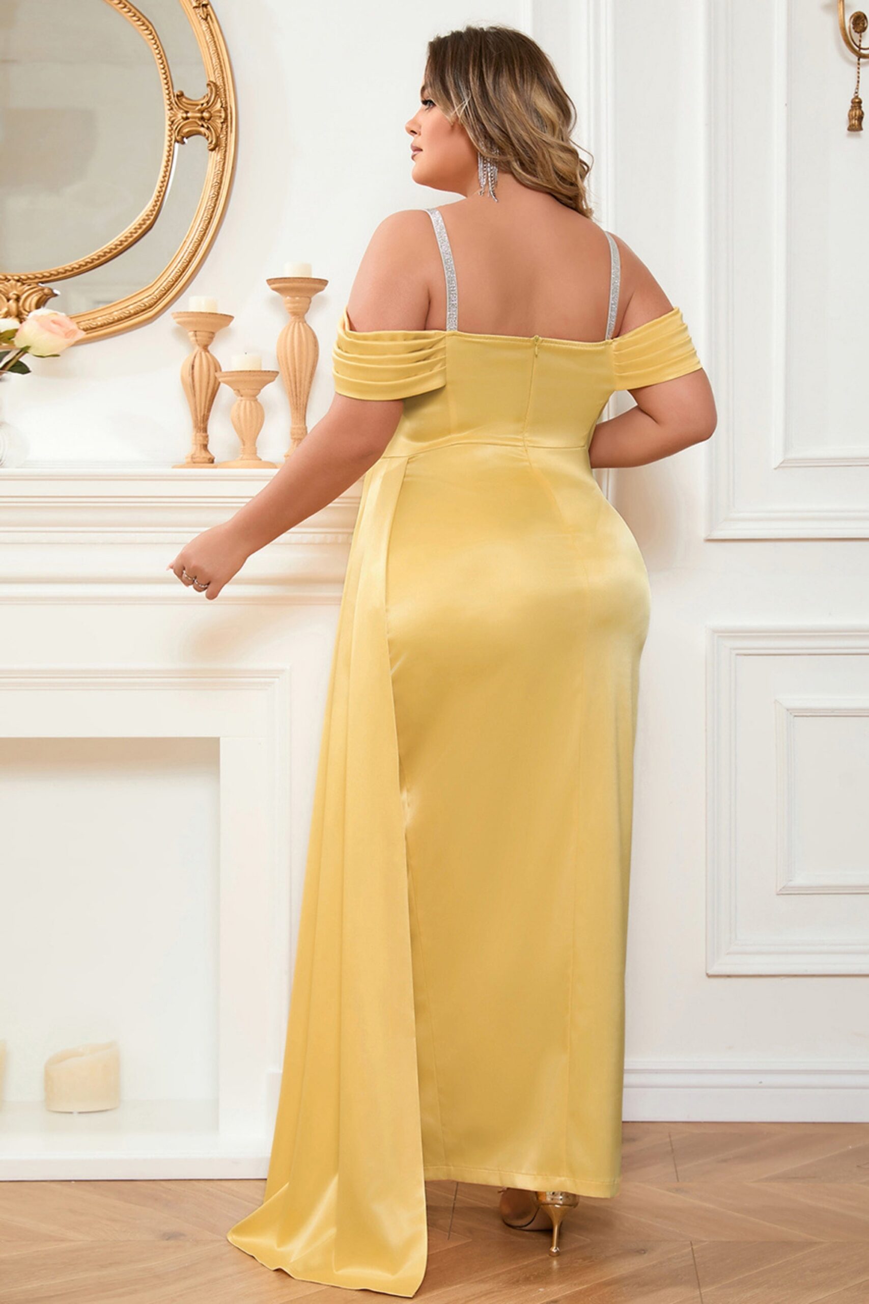 SATIN DRAPE HIGH SPLIT YELLOW MIDI DRESS
