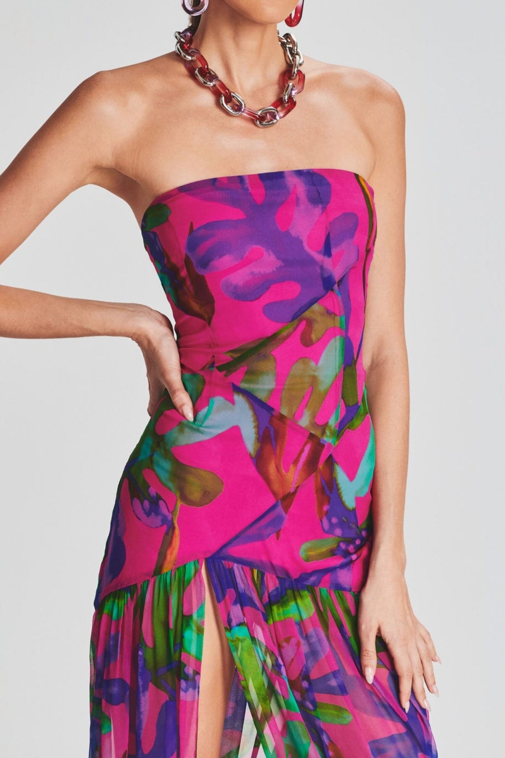 FLORAL SILK CHIFFON MAXI DRESS, RED A-LINE WEDDING