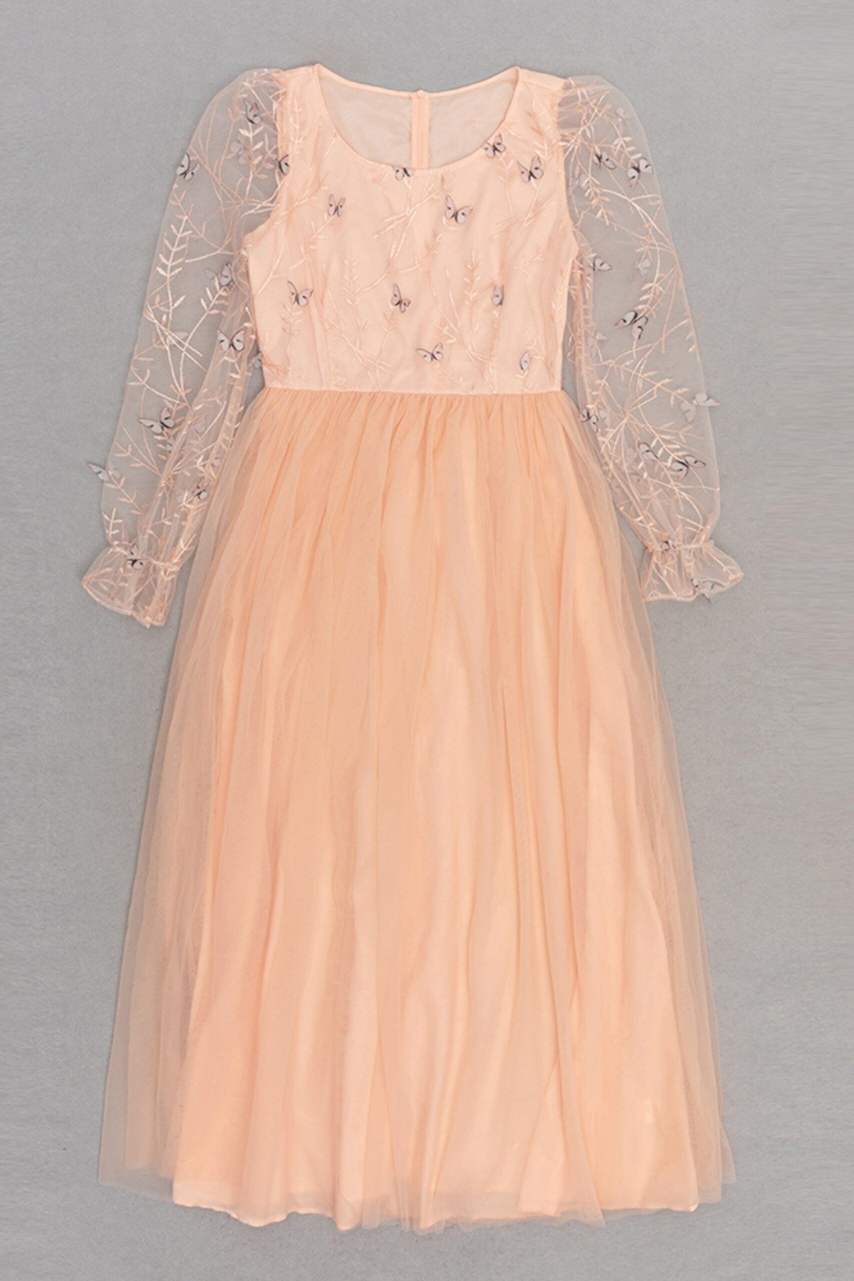 EMBROIDERED TULLE LONG SLEEVE MAXI DRESS