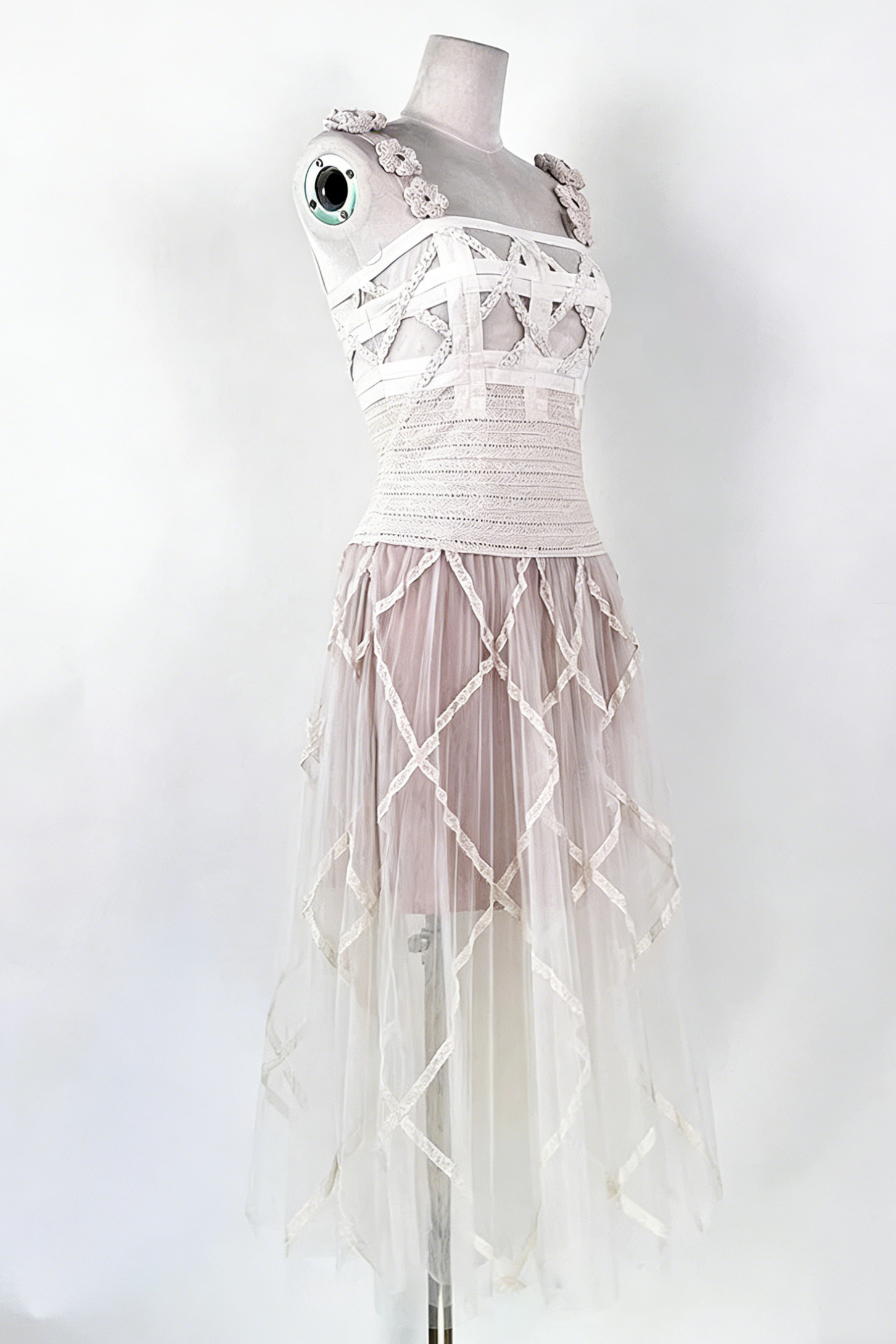 CREAM LACE CORSET MIDI DRESS WITH 3D FLOWER STRAPS