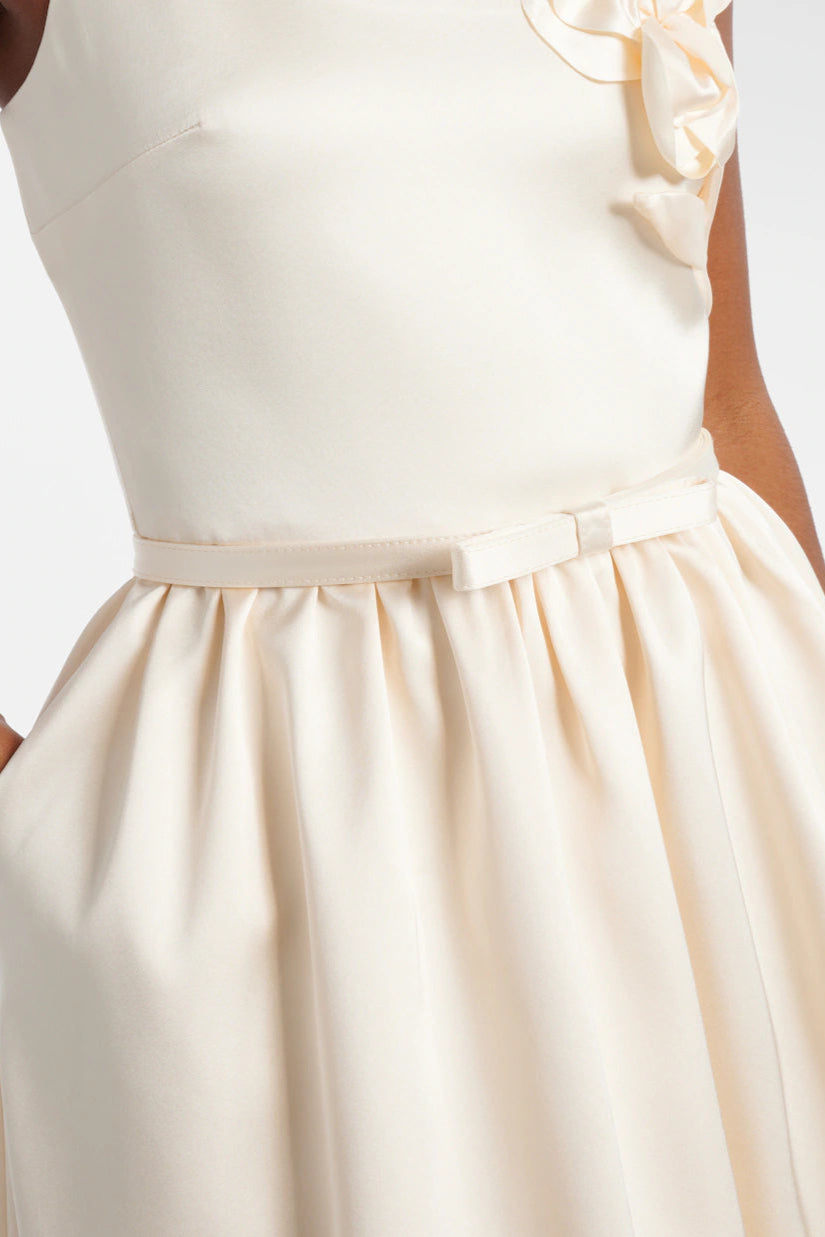 POLLY FLORAL APPLIQUÉ SATIN MIDI DRESS IVORY WEDDING GUEST