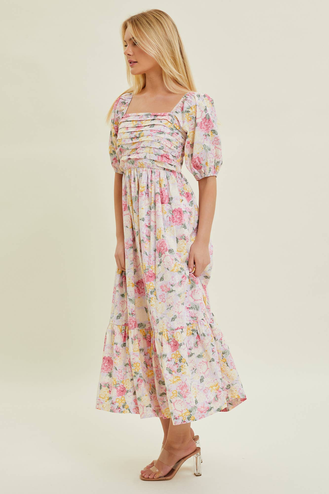 PLEATED BODICE FLORAL MIDI DRESS FOR WEDDING