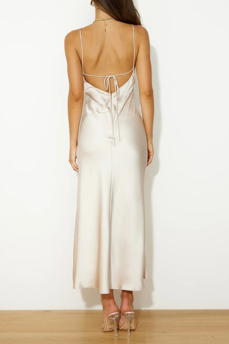 SATIN SLIT MIDI DRESS CHAMPAGNE COCKTAIL PARTY