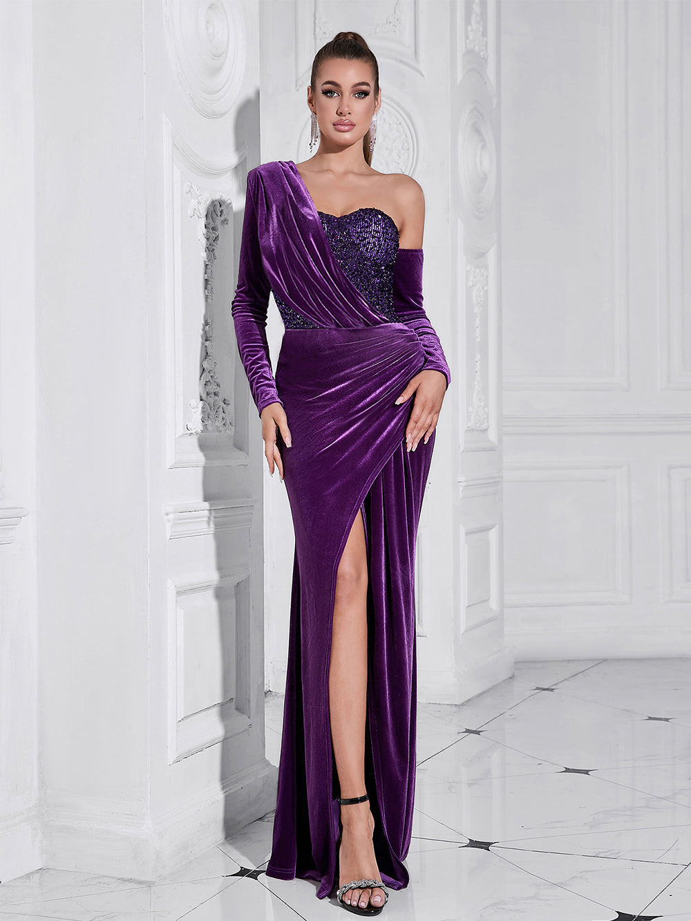 ONE SHOULDER VELVET SEQUIN MAXI DRESS FOR PARTY