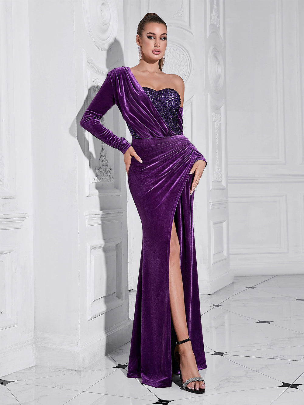 ONE SHOULDER VELVET SEQUIN MAXI DRESS FOR PARTY