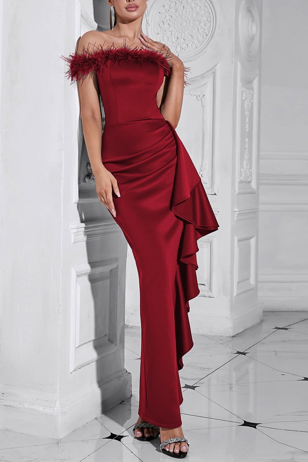 RED DRAPED SHEATH FEATHER MAXI DRESS FOR EVENING