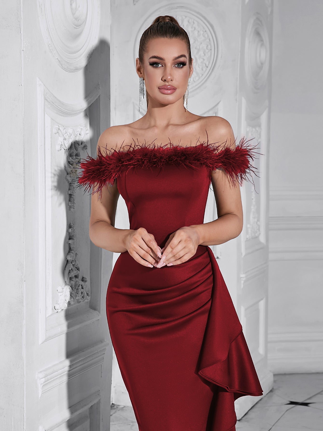 RED DRAPED SHEATH FEATHER MAXI DRESS FOR EVENING