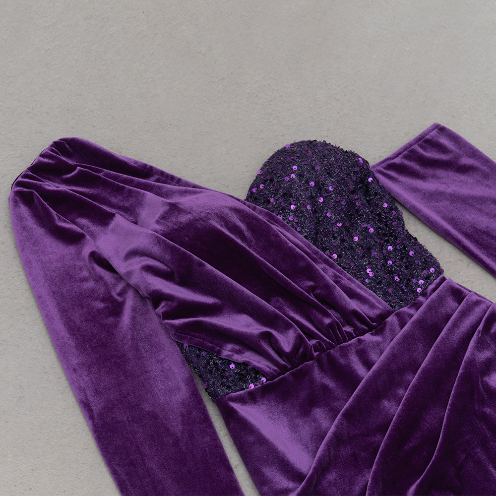 ONE SHOULDER VELVET SEQUIN MAXI DRESS FOR PARTY