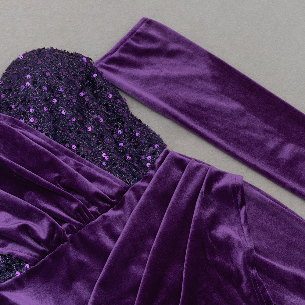 ONE SHOULDER VELVET SEQUIN MAXI DRESS FOR PARTY