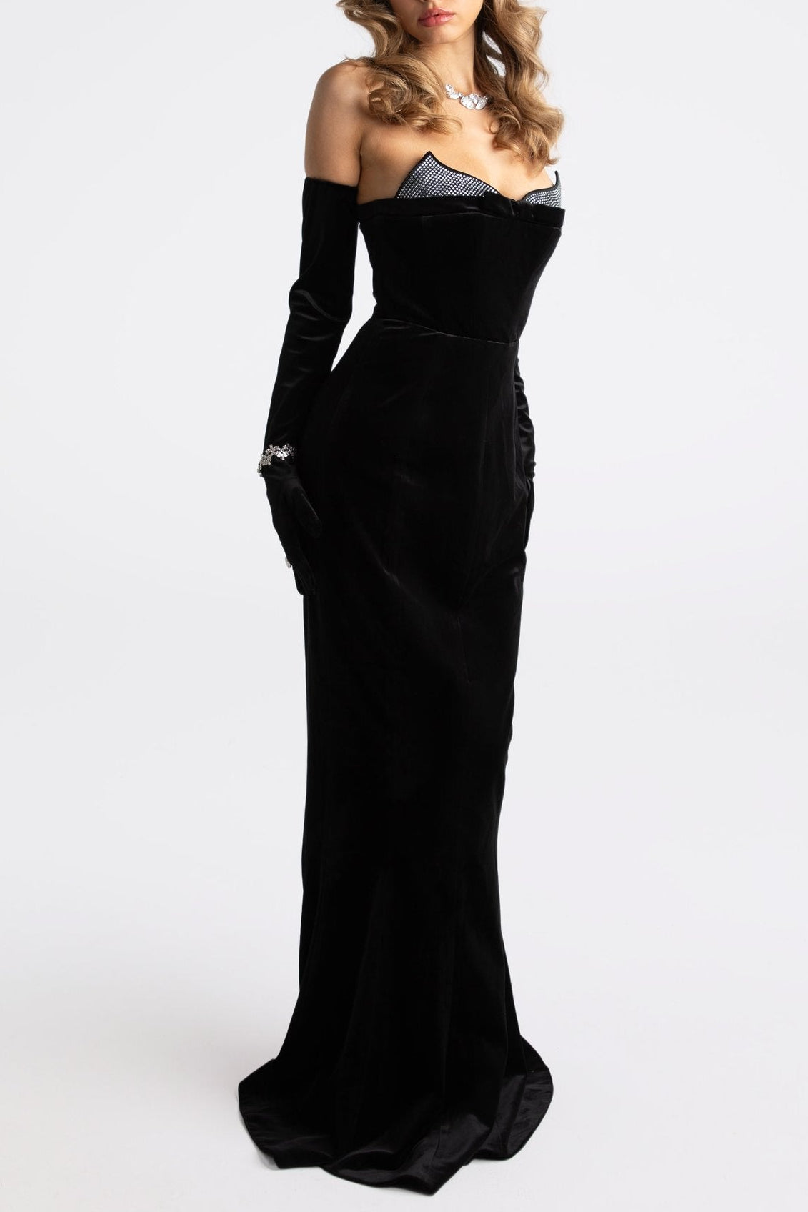 ELLEN VELVET STRAPLESS MAXI DRESS, BLACK, HIGH SLIT