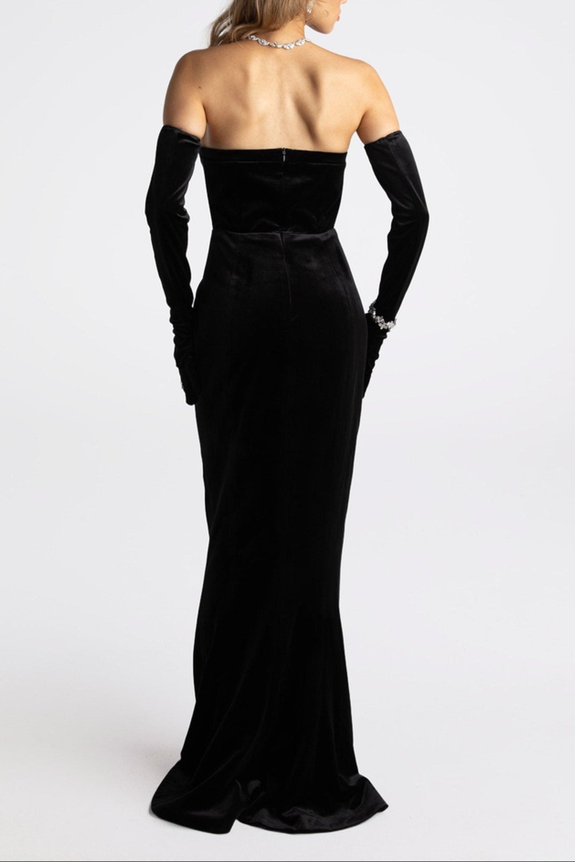 ELLEN VELVET STRAPLESS MAXI DRESS, BLACK, HIGH SLIT