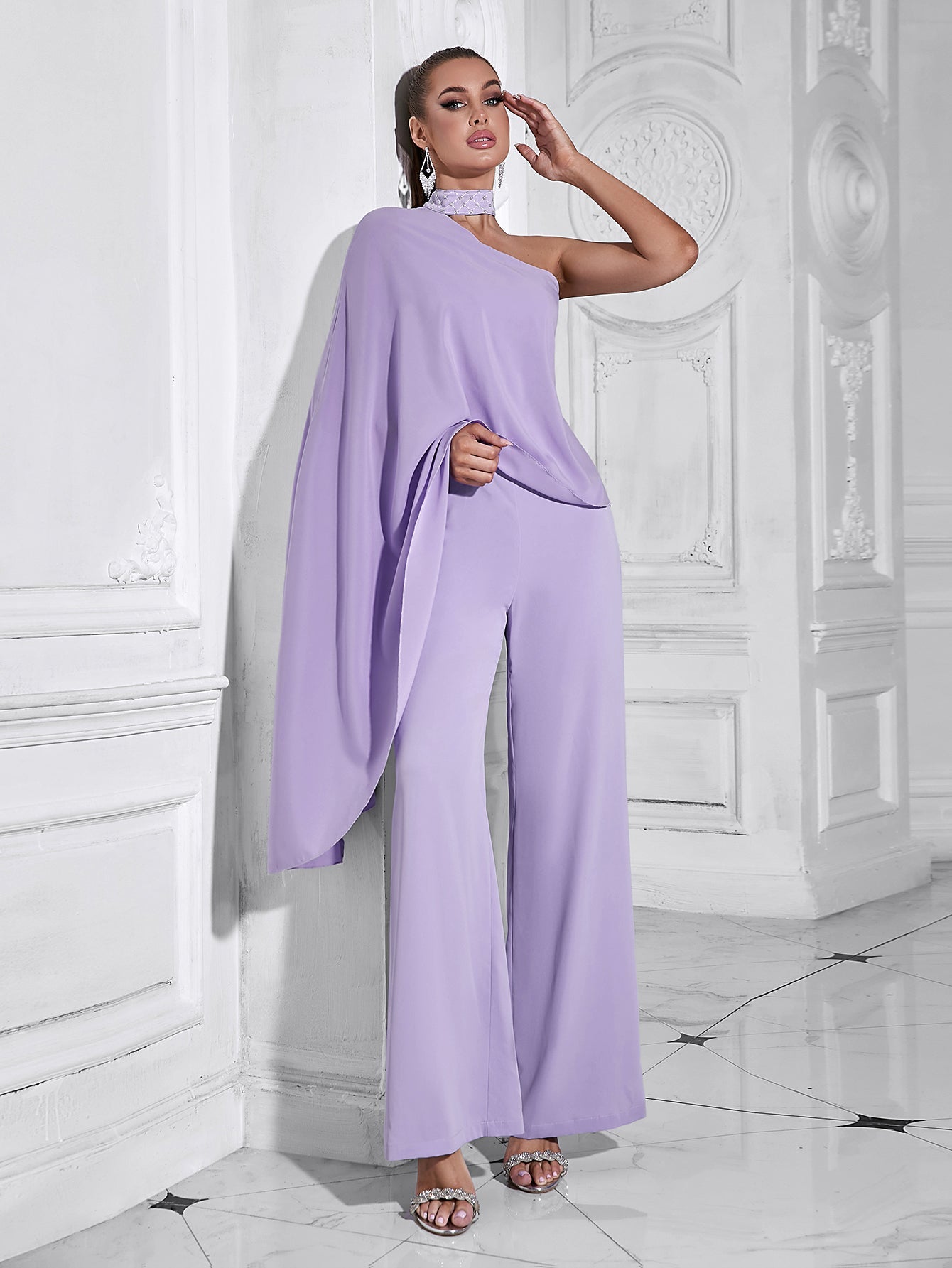 HALTER SHAWL JUMPSUIT PURPLE FORMAL EVENING