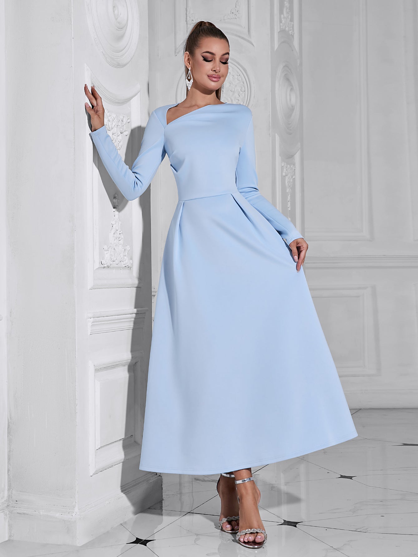 LONG SLEEVE SATIN A-LINE MAXI DRESS BLUE