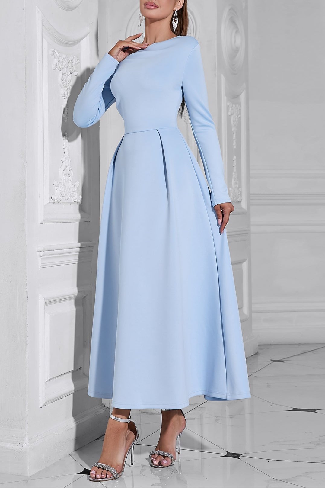 LONG SLEEVE SATIN A-LINE MAXI DRESS BLUE