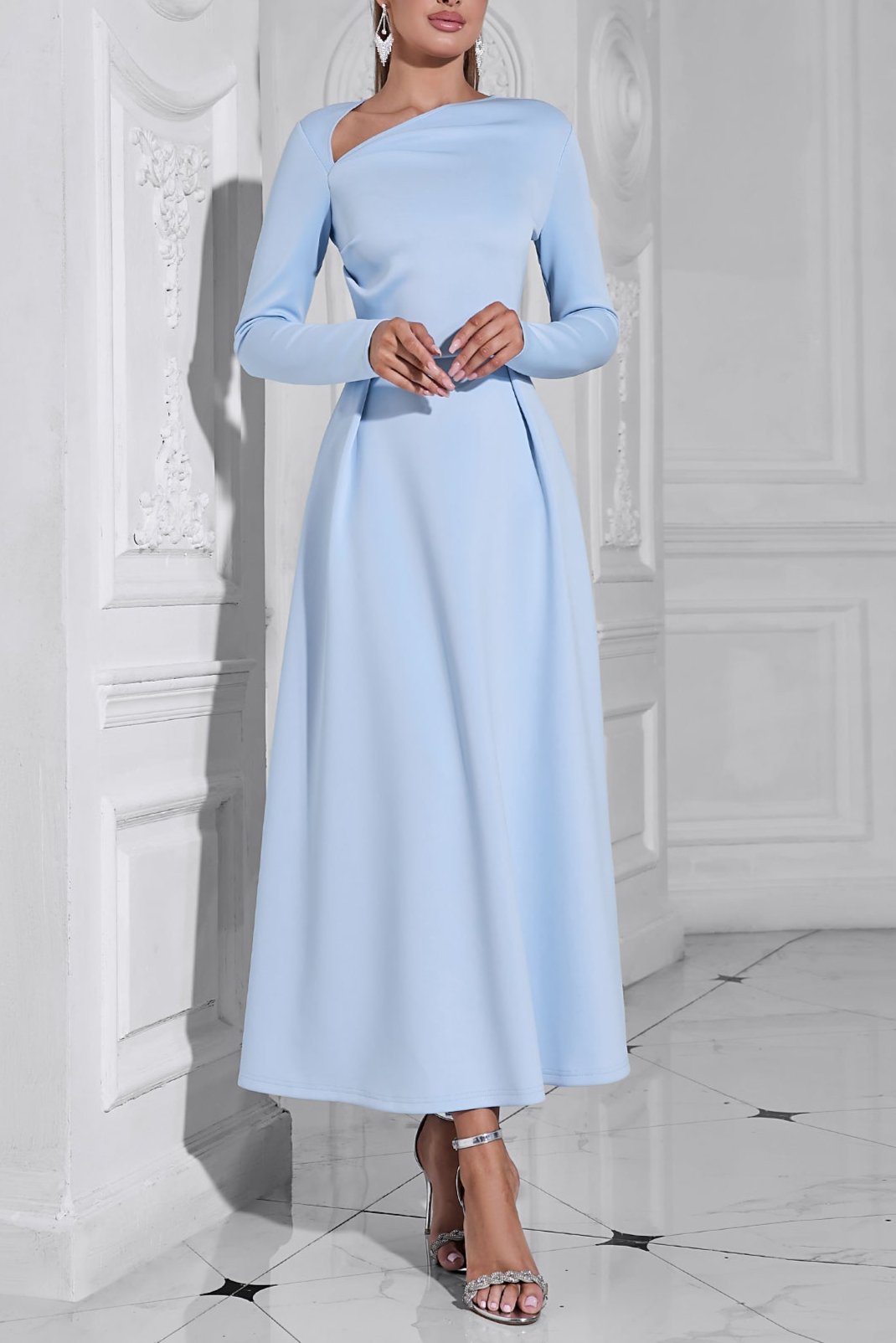 2311419600 LONG SLEEVE SATIN A-LINE MAXI DRESS BLUE