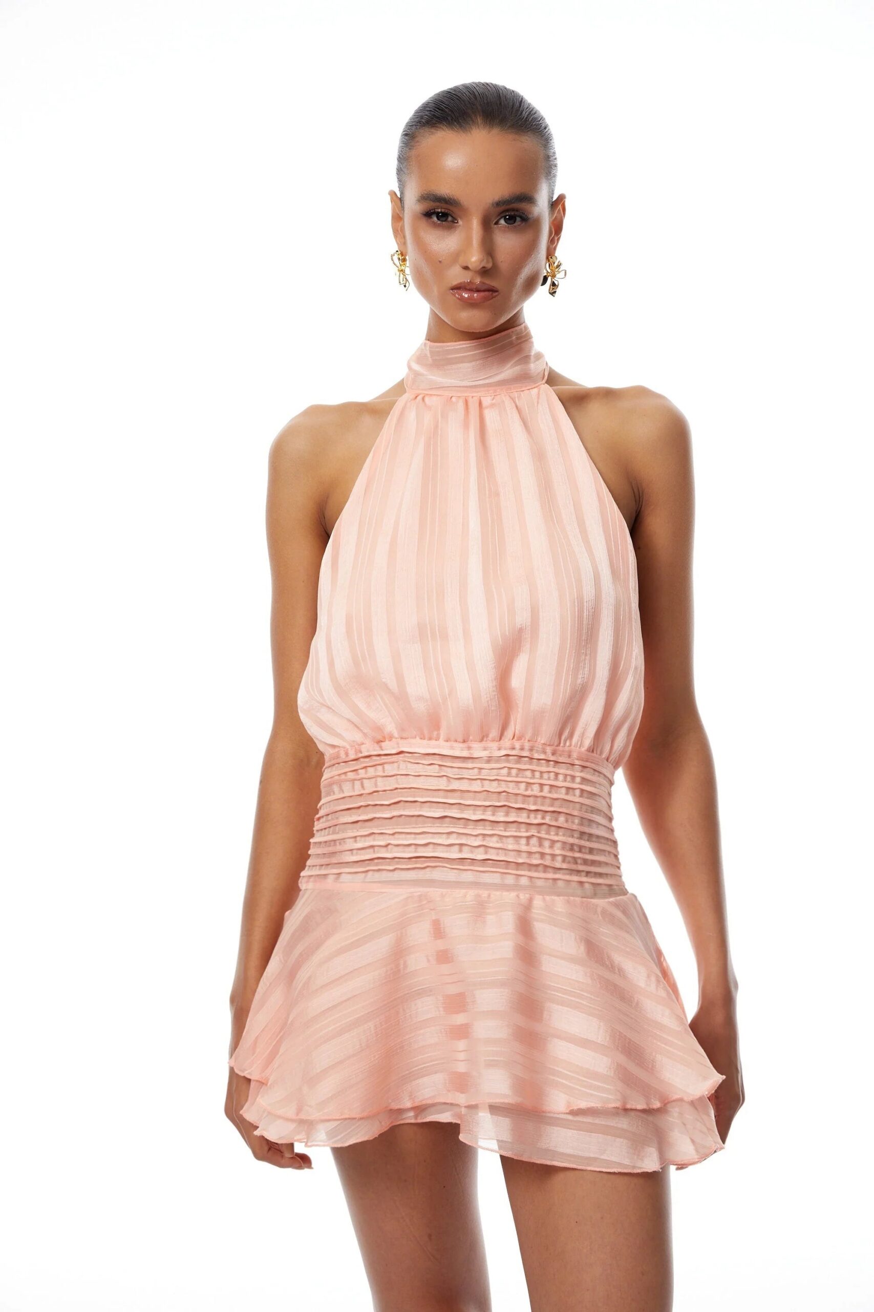 JANE HALTERNECK PLEATED CHIFFON MINI DRESS PINK