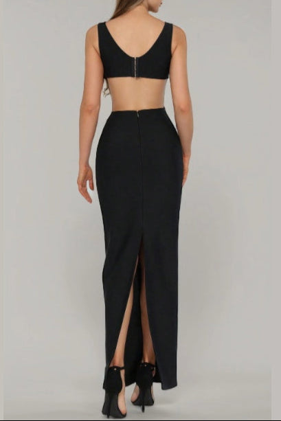 BLACK V-NECK HOLLOW OUT MAXI DRESS FOR WEDDING GUEST