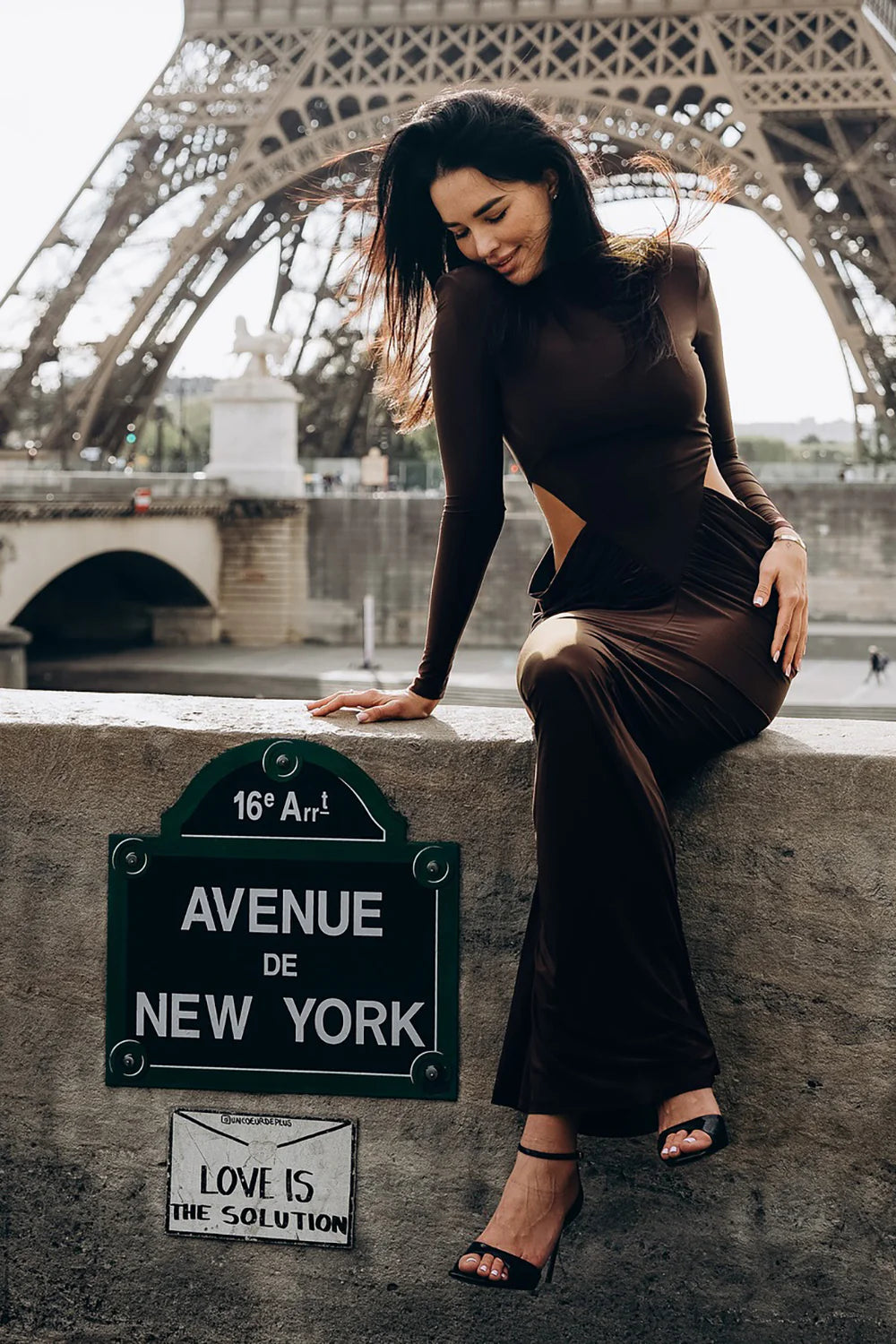 JACQUELINE BROWN TURTLENECK CUTOUT BODYCON GOWN