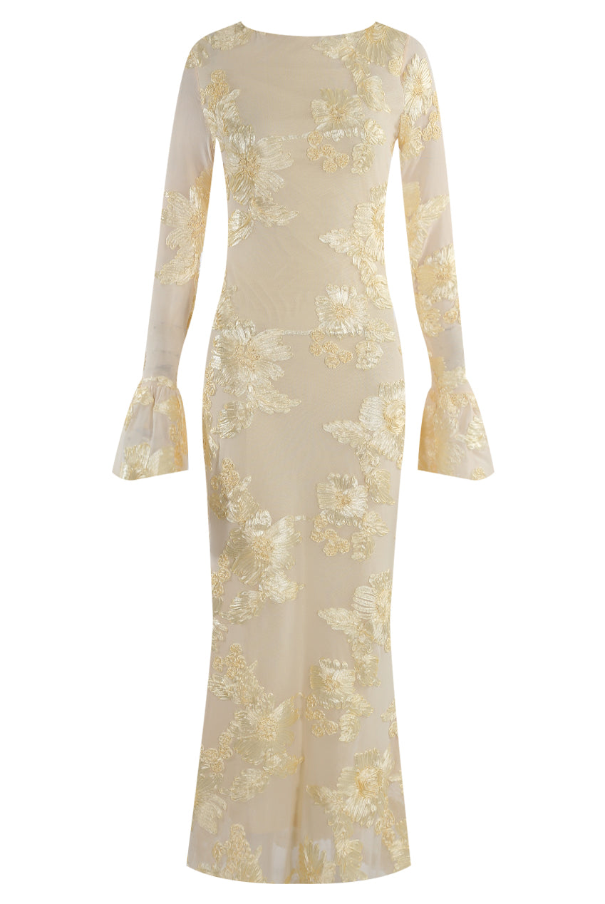FLORAL LACE MIDI DRESS WITH FLUTE CUFFS