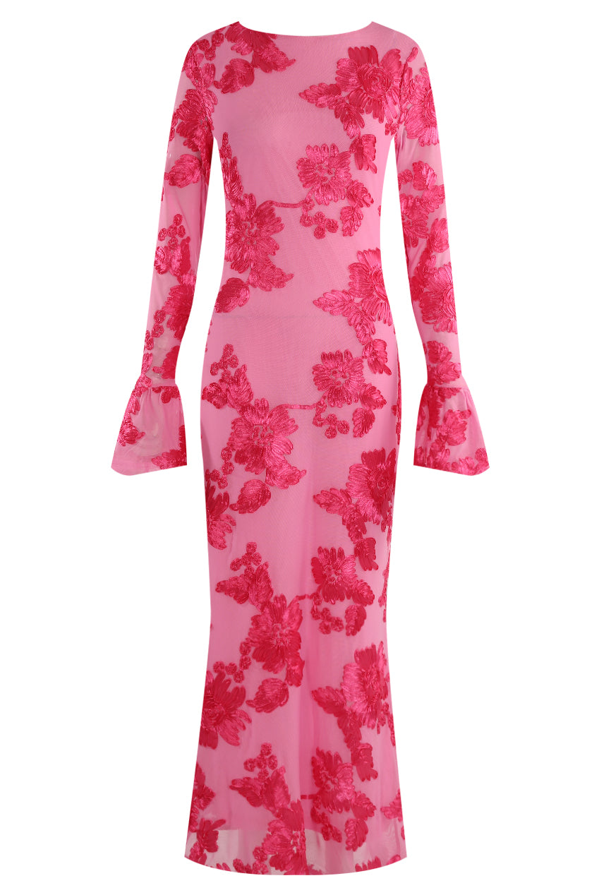 FLORAL LACE MIDI DRESS WITH FLUTE CUFFS