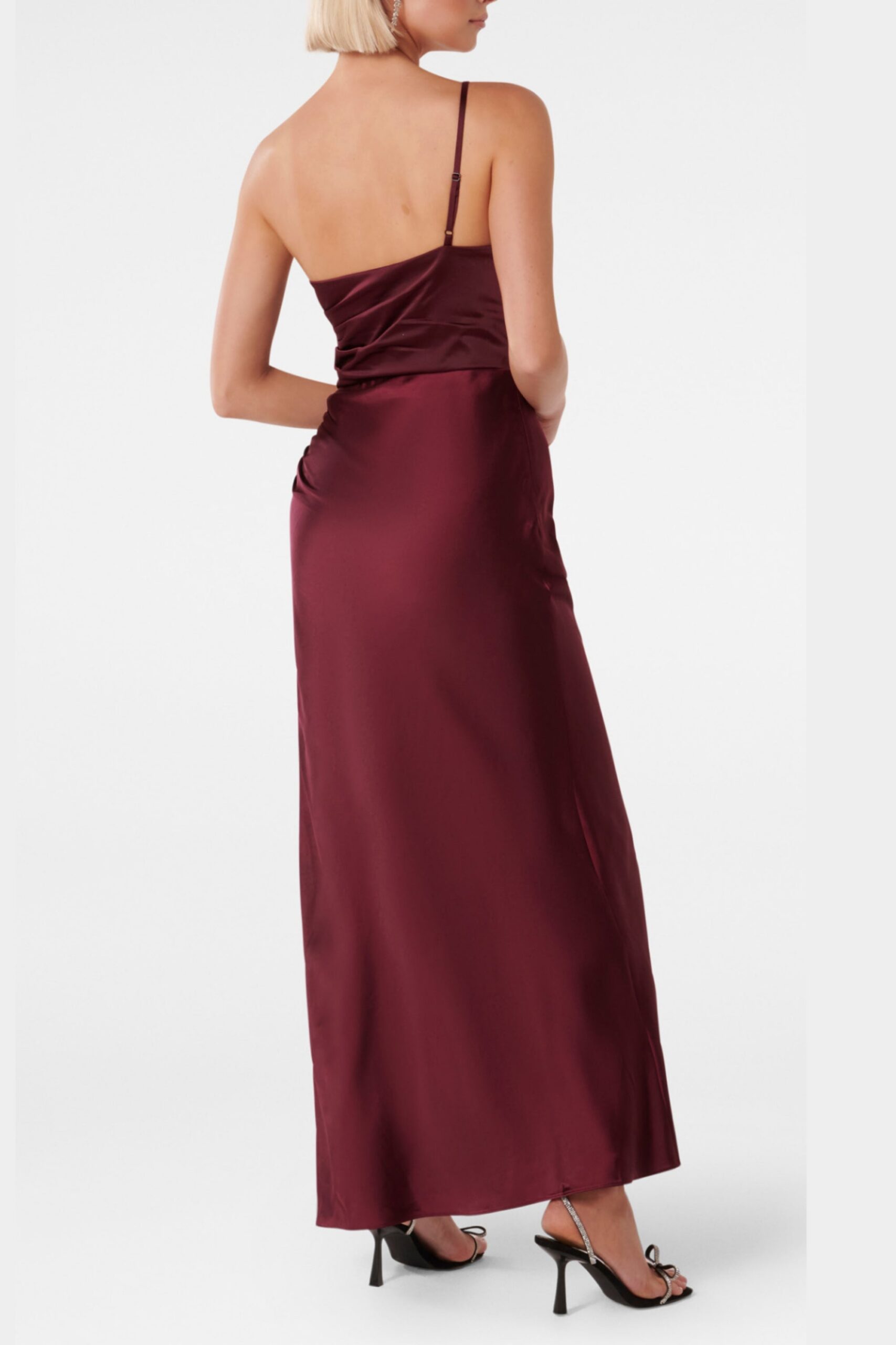 BORDEAUX ONE SHOULDER SATIN MAXI DRESS FOR EVENTS