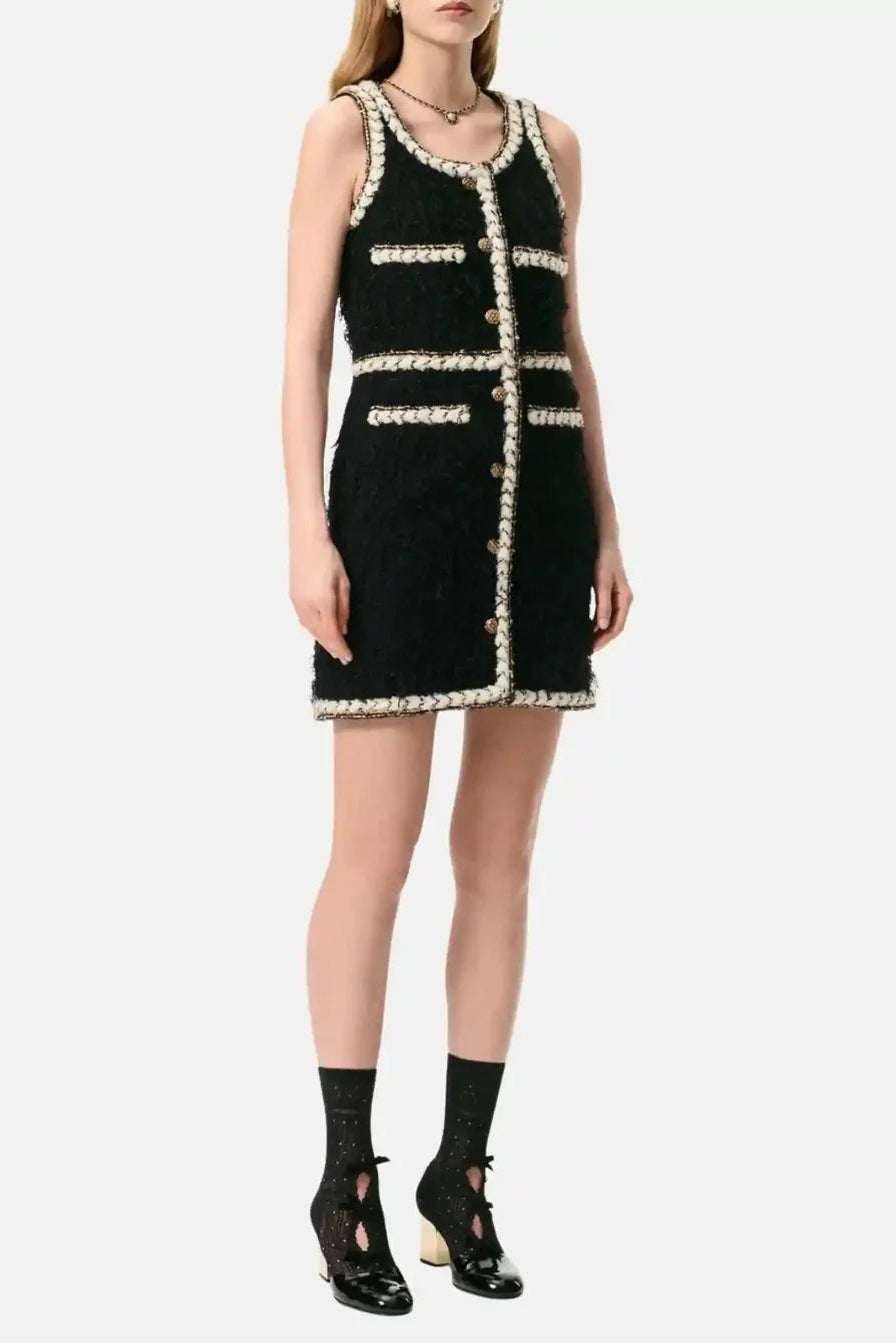 BLACK WOOL TWEED SLEEVELESS MINI COCKTAIL DRESS
