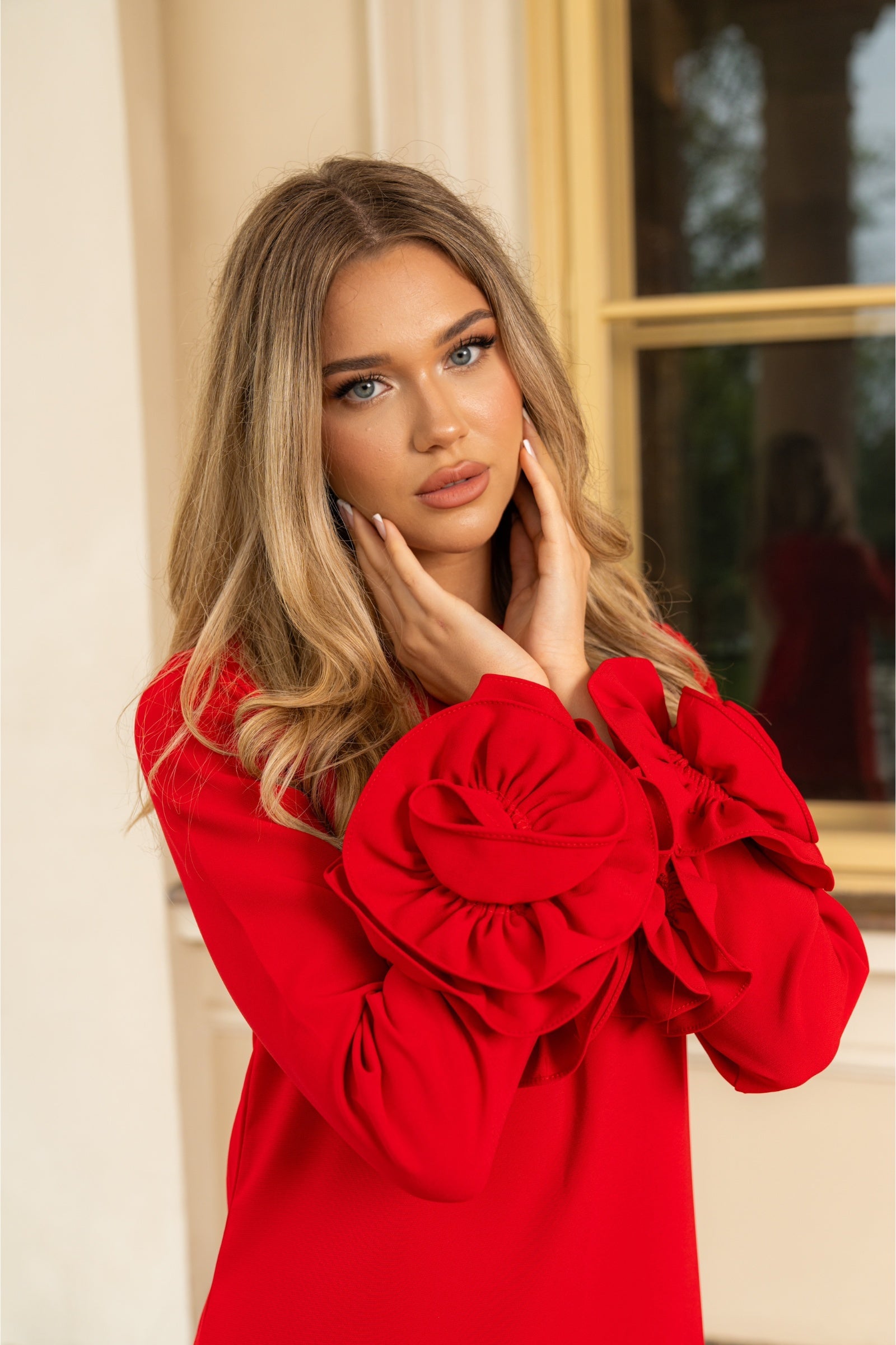 FLORAL LONG SLEEVE MINI DRESS RED