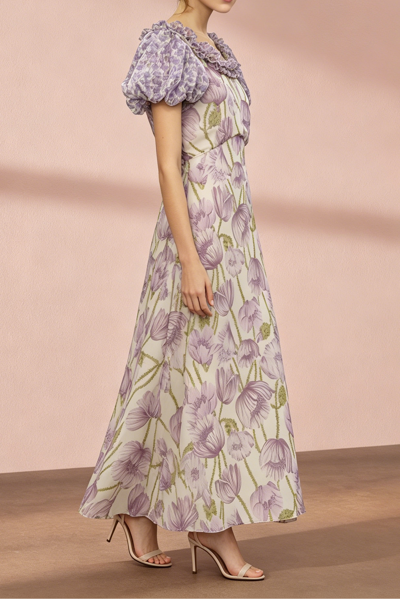 PURPLE FLORAL PUFF SLEEVE MIDI DRESS FOR WEDDING