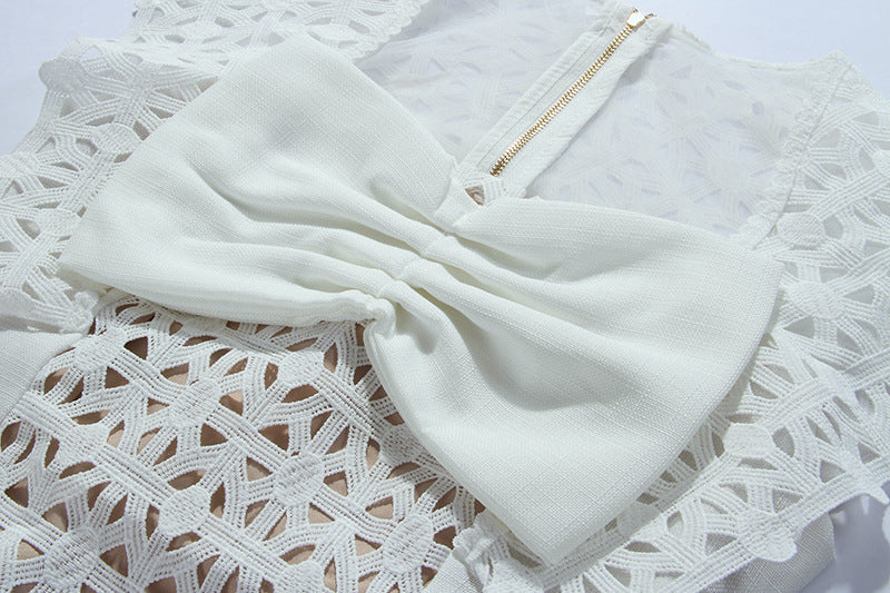 WHITE BOW EMBROIDERED MINI DRESS FOR PARTY