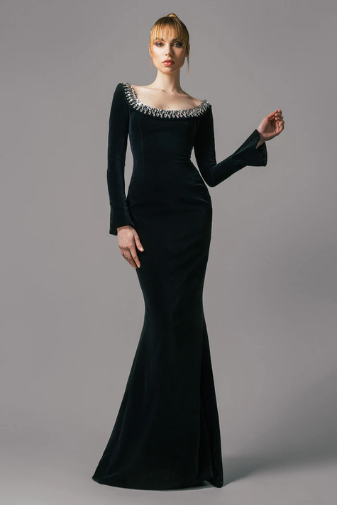 BLACK CREPE CRYSTAL NECKLINE GOWN, FORMAL EVENING