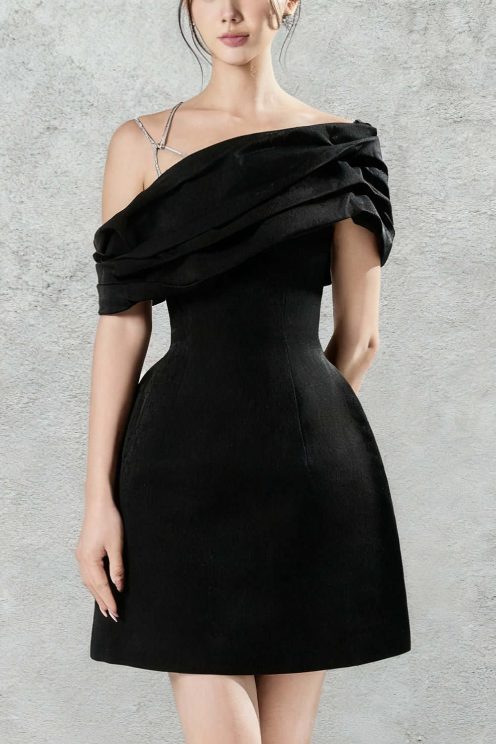 23_b2197b8f-50bf-4297-afbe-d827e80baa06 ASYMMETRIC NECK TAFFETA MINI DRESS BLACK
