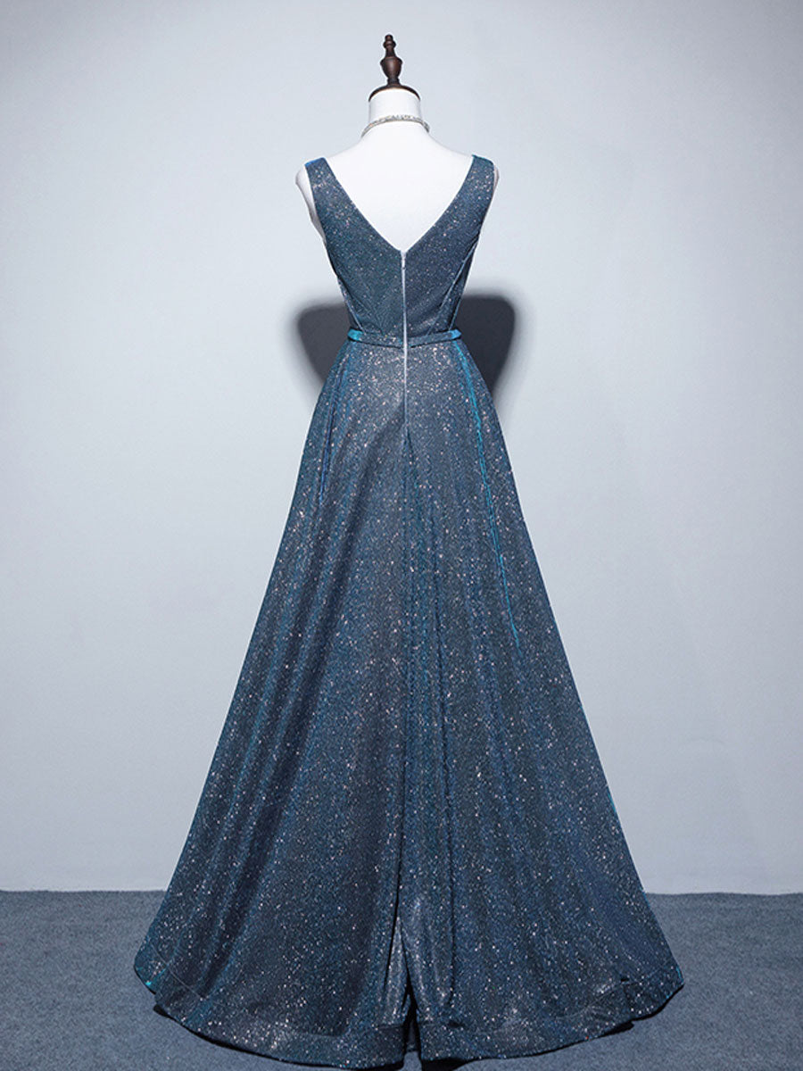A-LINE V-NECK SATIN BLUE COCKTAIL DRESS