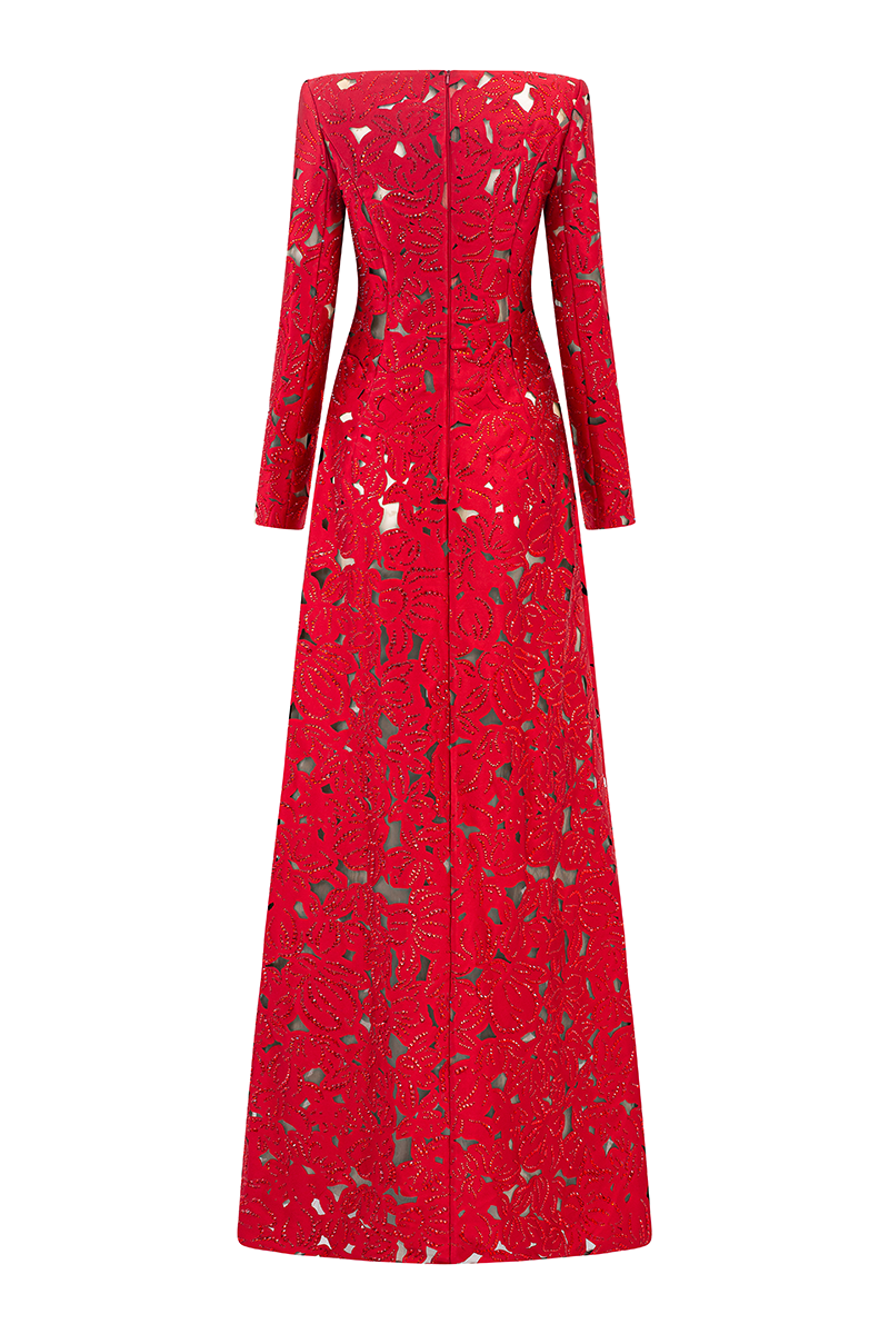 RHINESTONE BOAT NECK FLORAL LASERCUT MAXI DRESS - RED