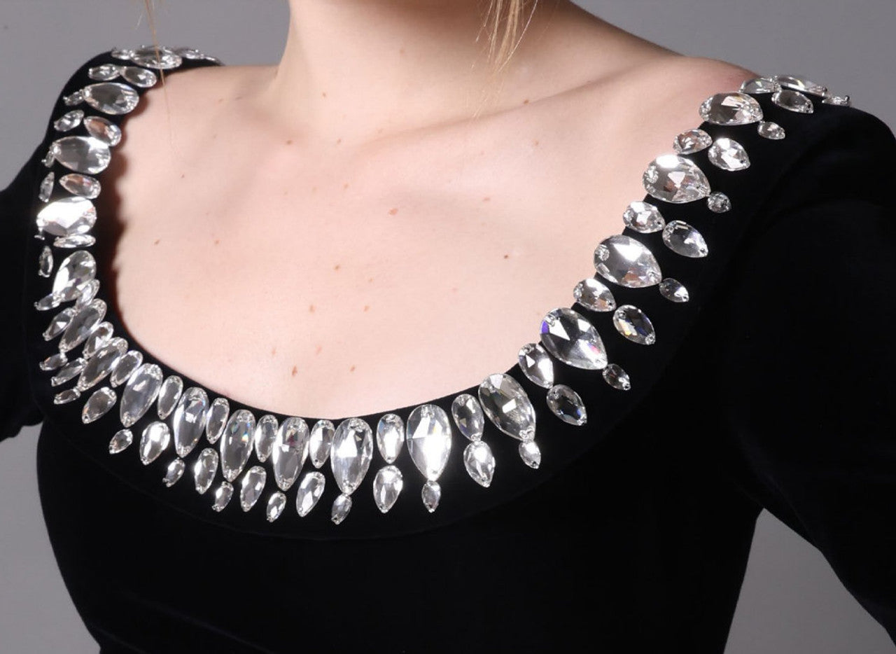 BLACK CREPE CRYSTAL NECKLINE GOWN, FORMAL EVENING