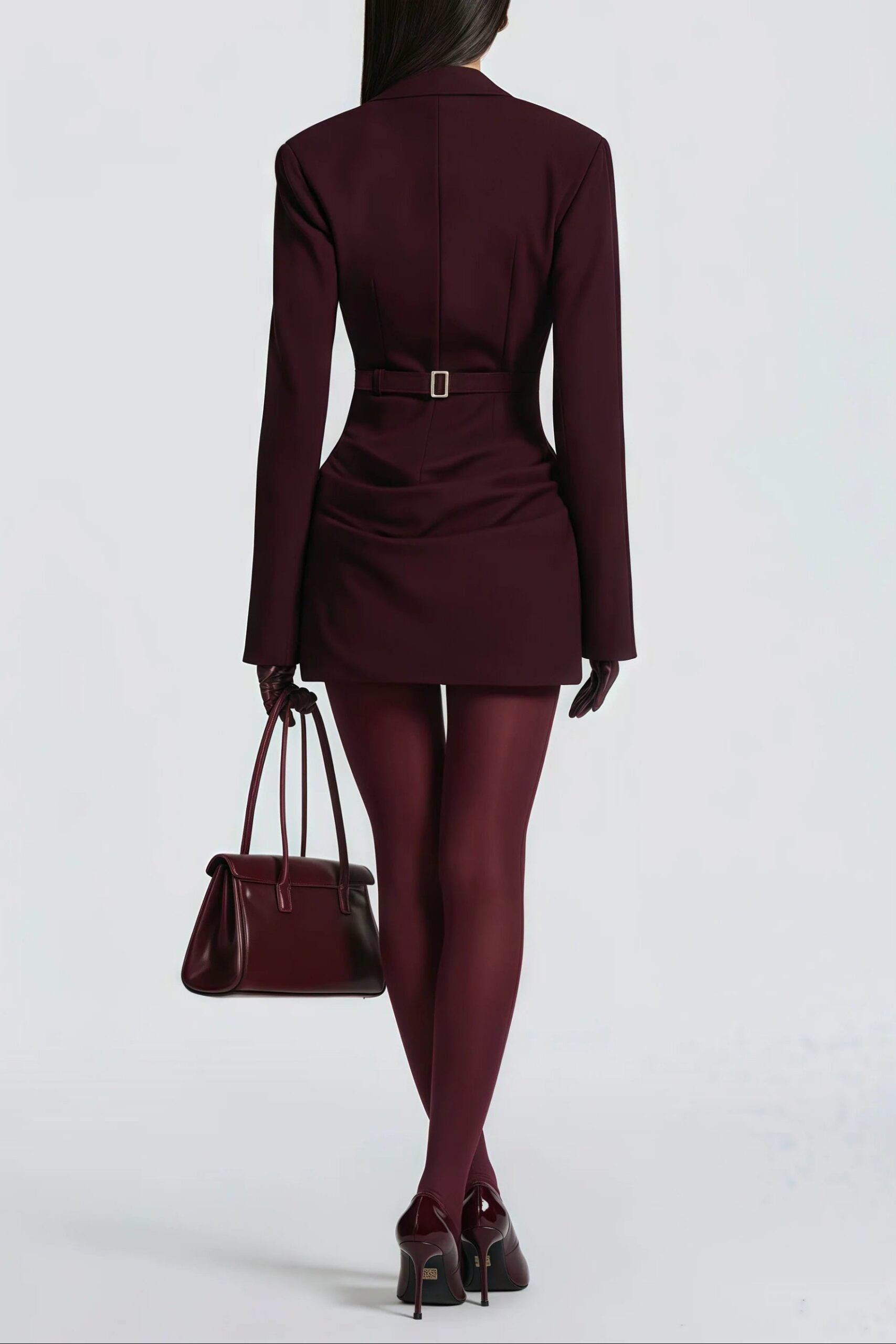 AMELIA V-NECK RUCHED BLAZER MINI DRESS IN WINE RED