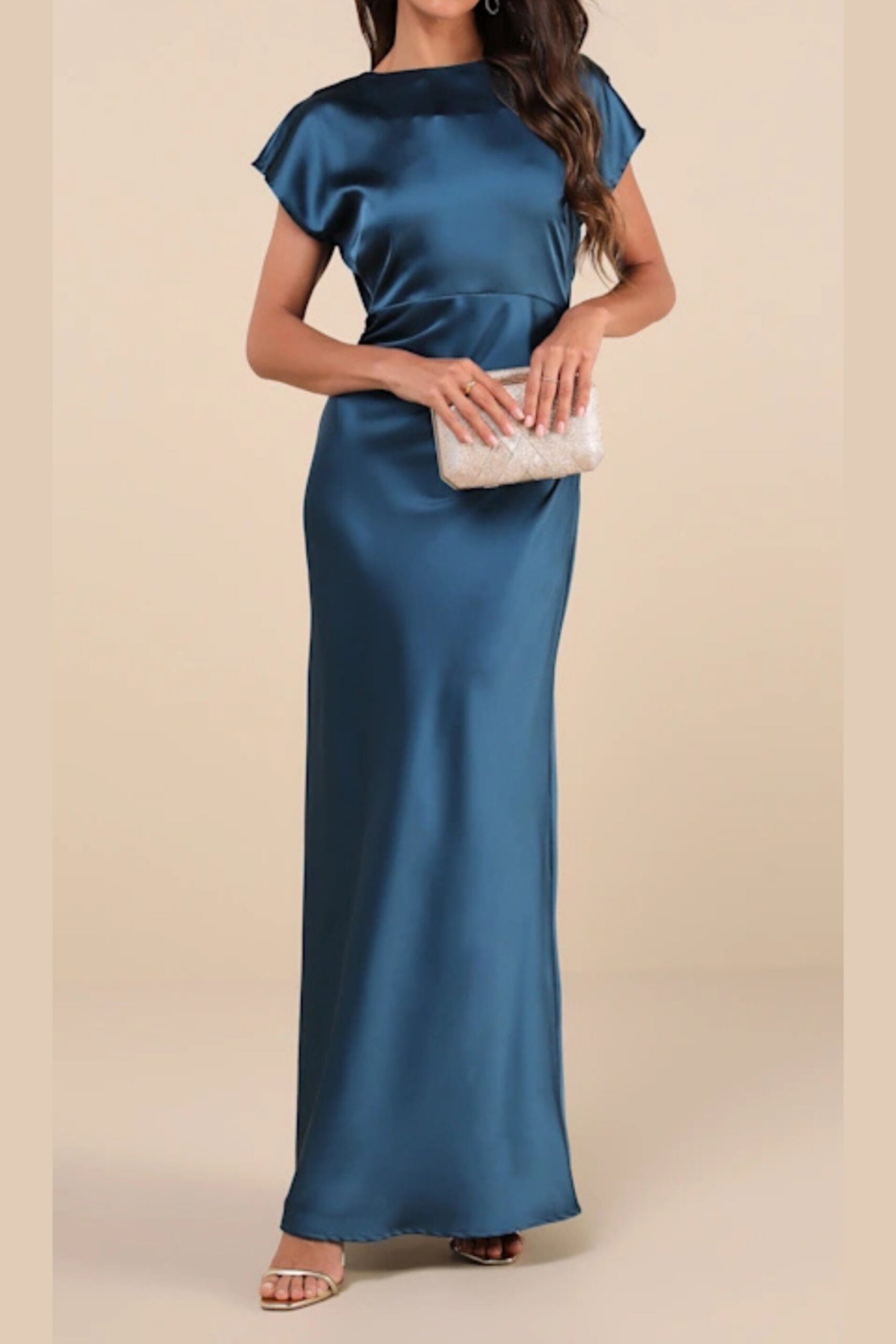 SATIN COWL BACK MAXI DRESS, DARK TEAL EVENING